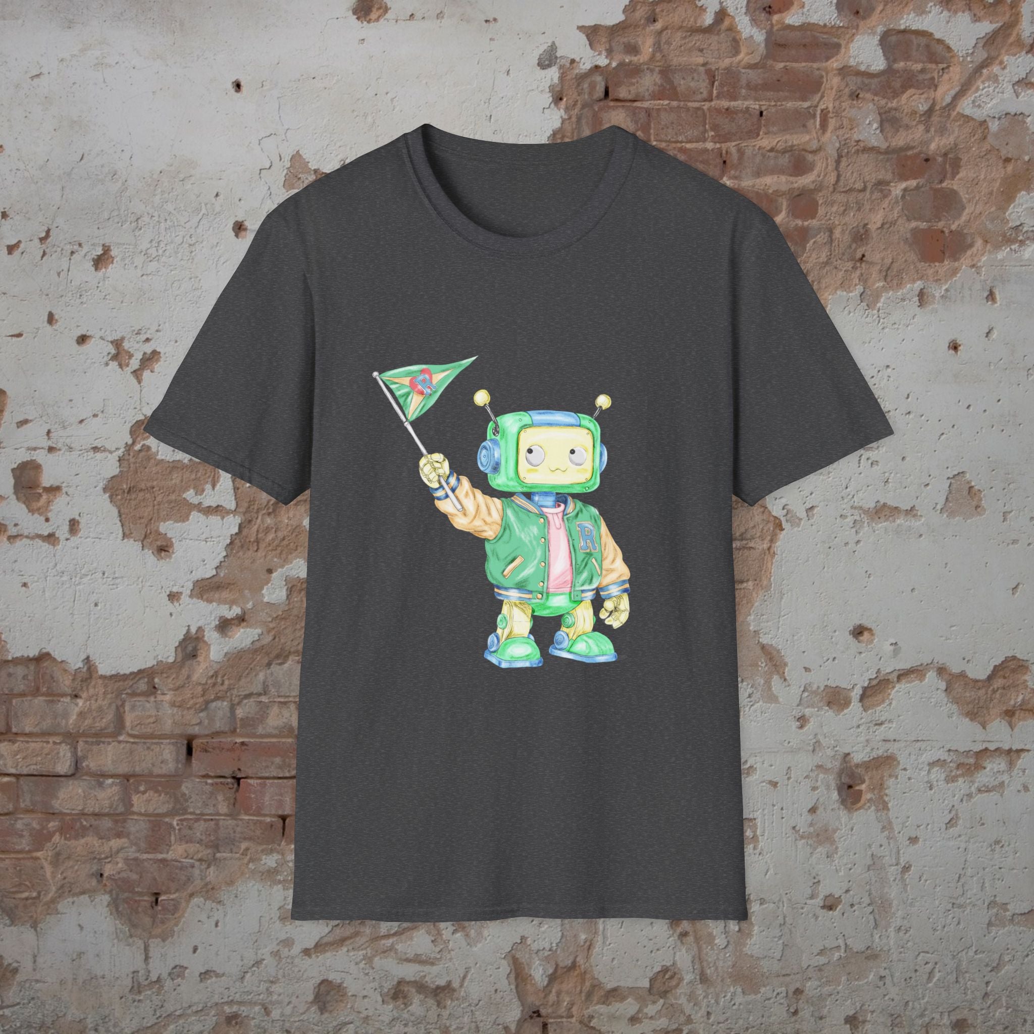Dark Retro Robot Kids T‑Shirt — Cute Space Explorer Graphic Tee