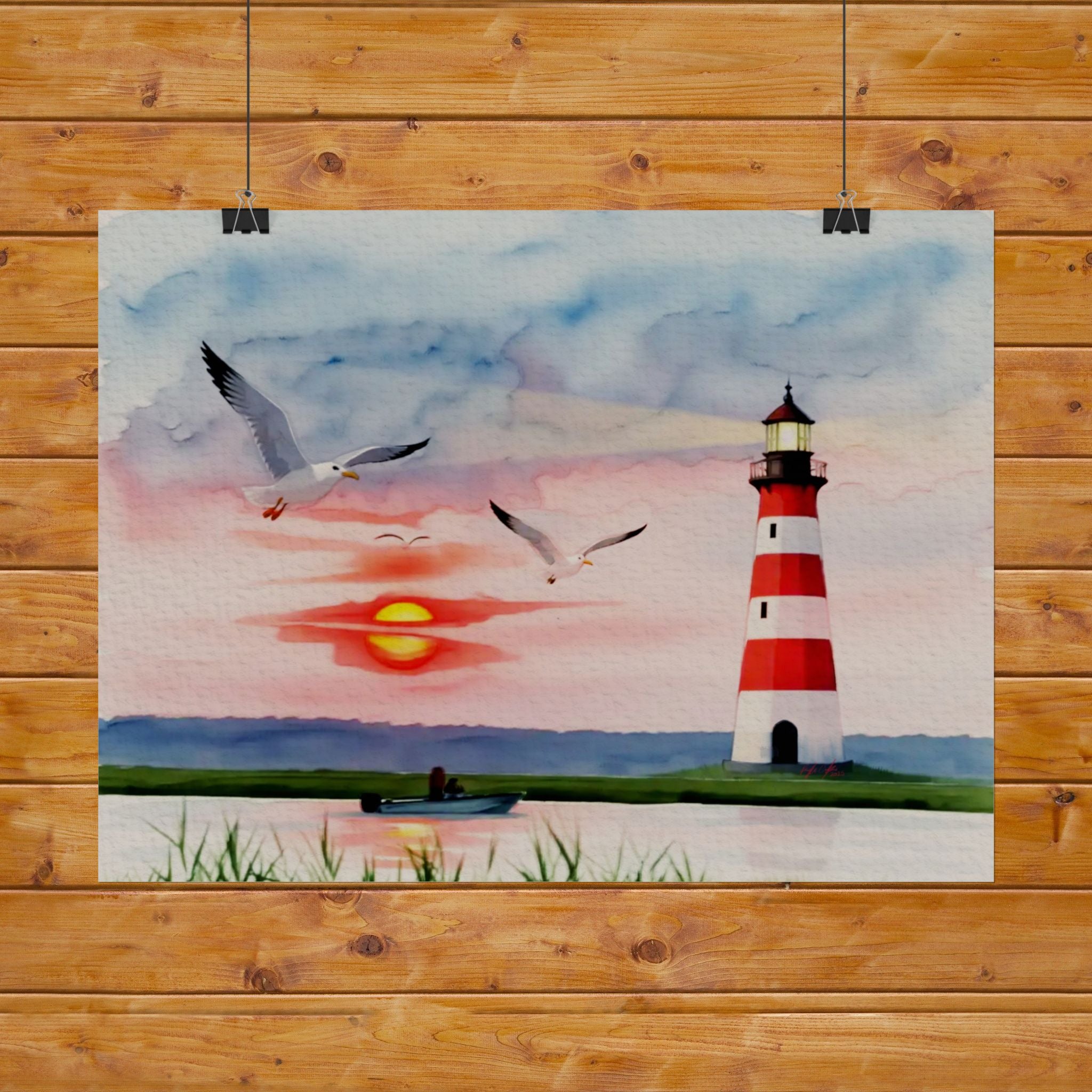Lighthouse Sunrise Rolled Poster — Seaside Watercolor Print with Seagulls