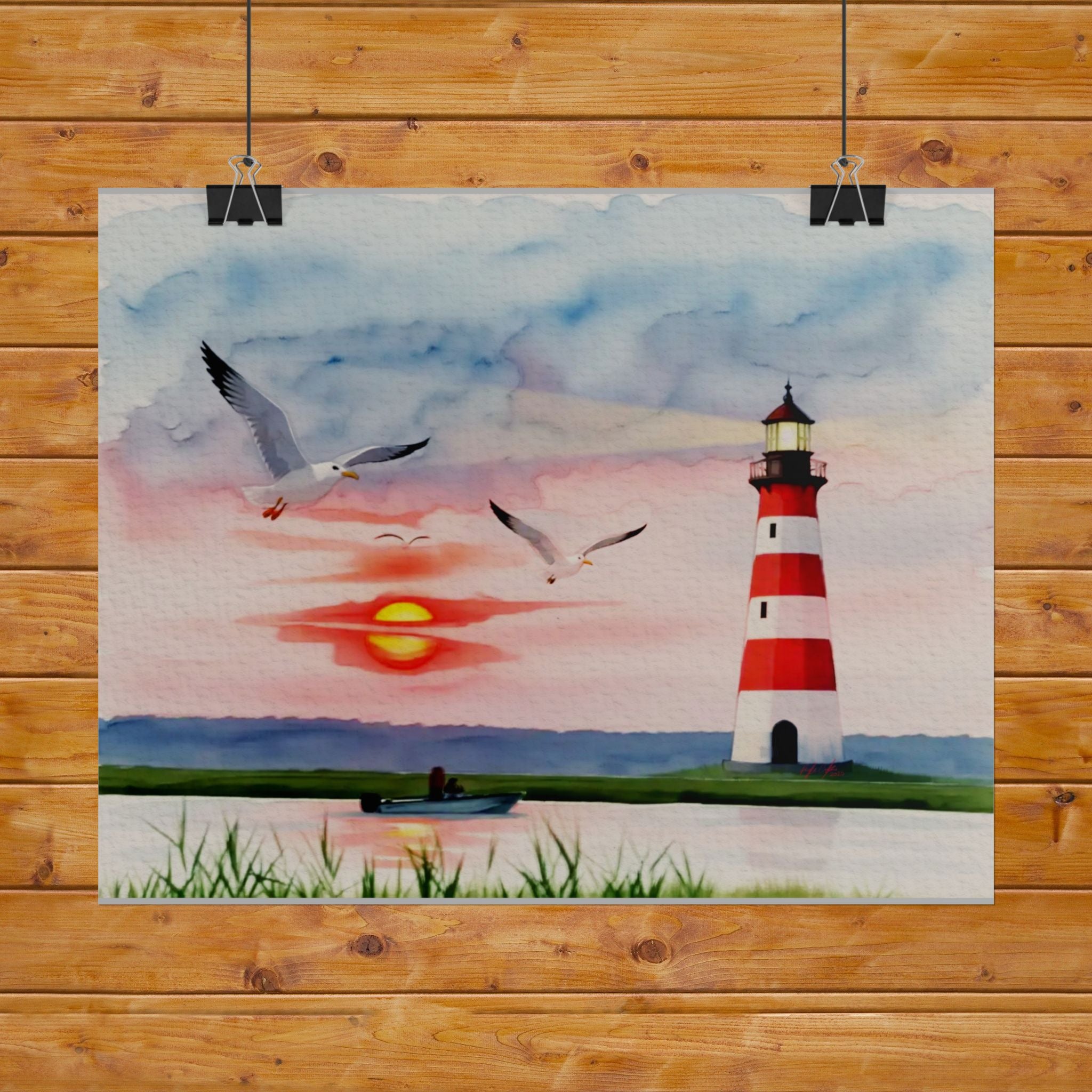 Lighthouse Sunrise Rolled Poster — Seaside Watercolor Print with Seagulls