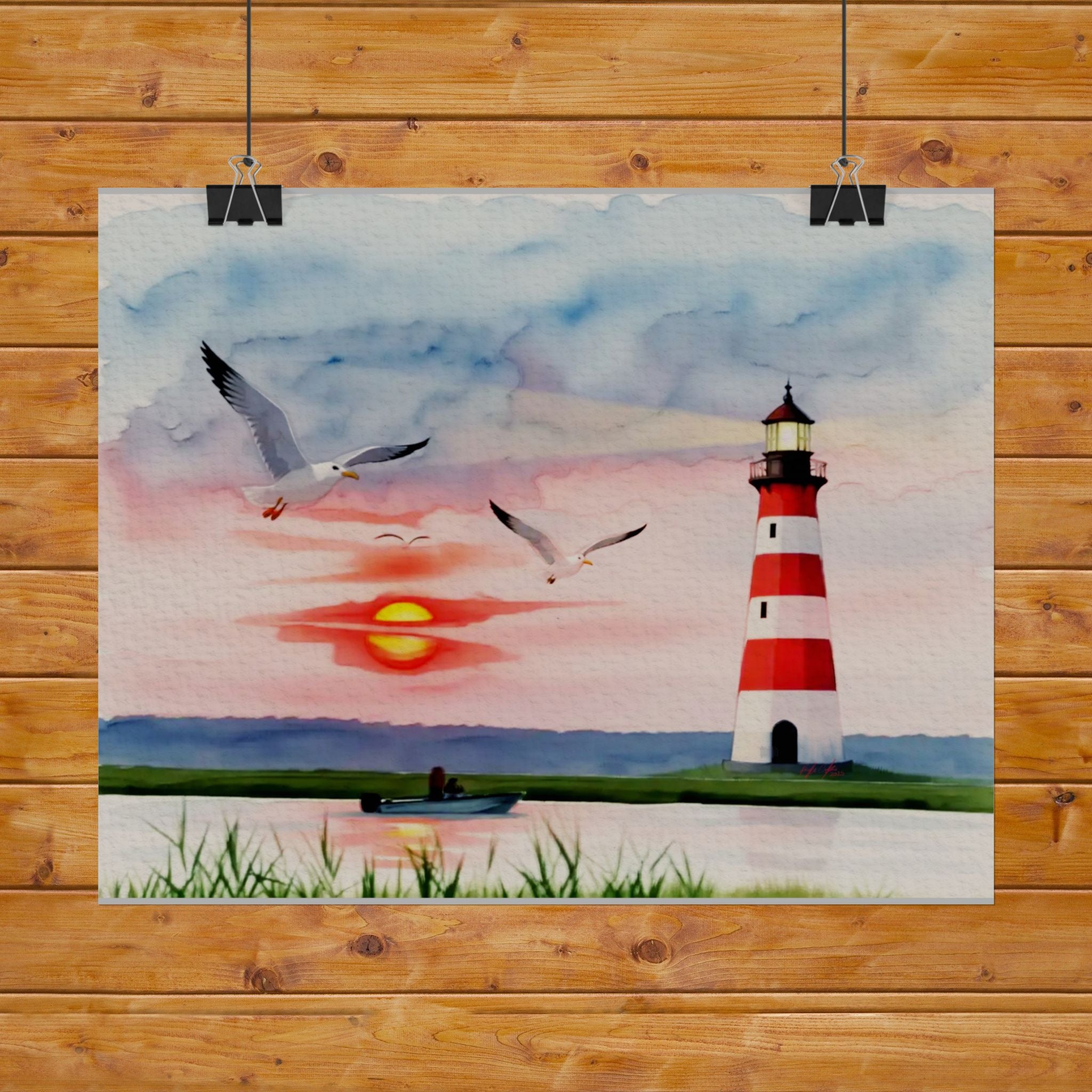 Lighthouse Sunrise Rolled Poster — Seaside Watercolor Print with Seagulls