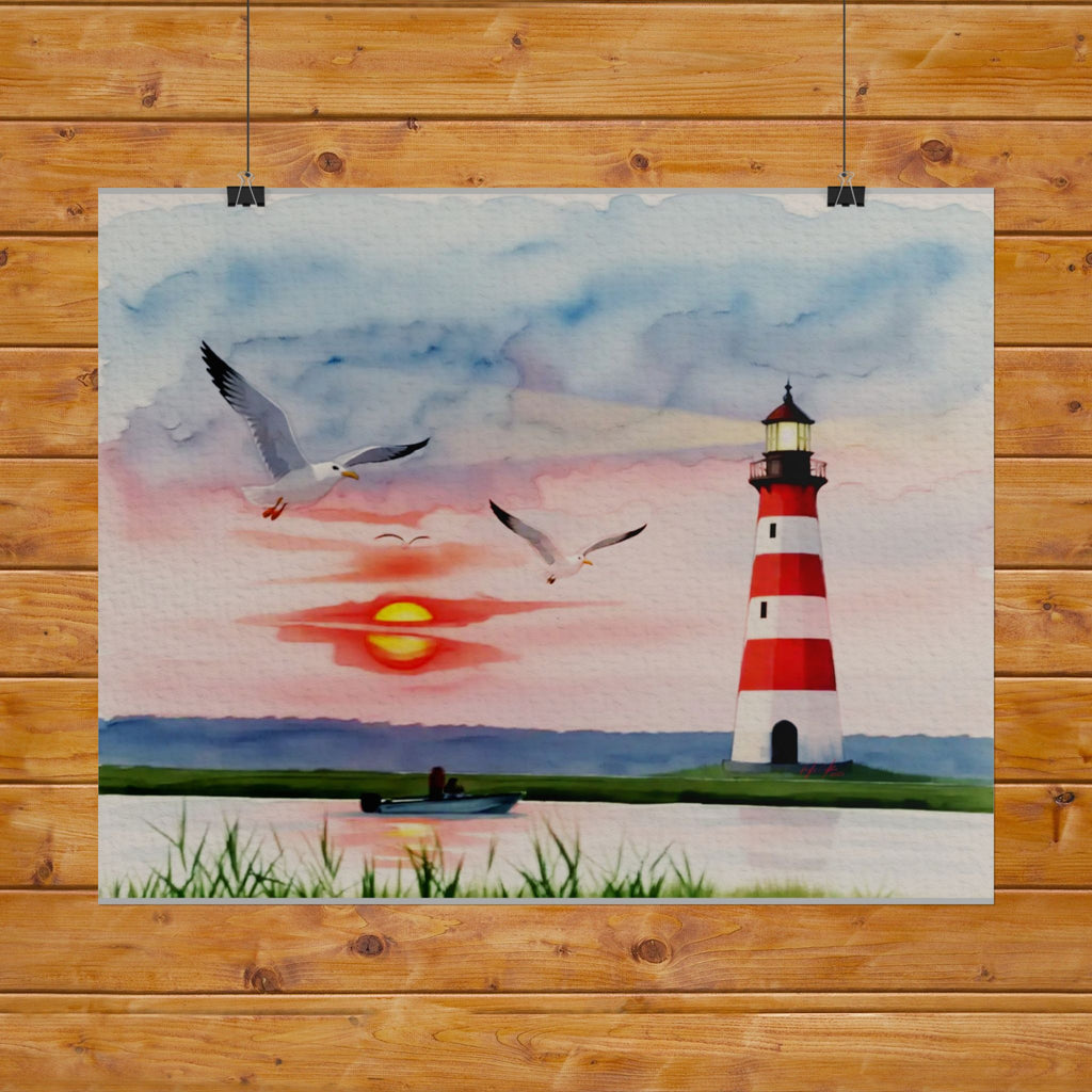 Lighthouse Sunrise Rolled Poster — Seaside Watercolor Print with Seagulls