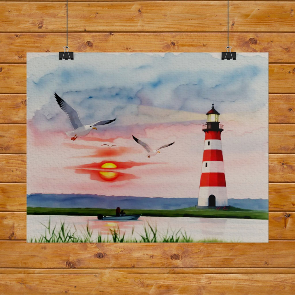 Lighthouse Sunrise Rolled Poster — Seaside Watercolor Print with Seagulls
