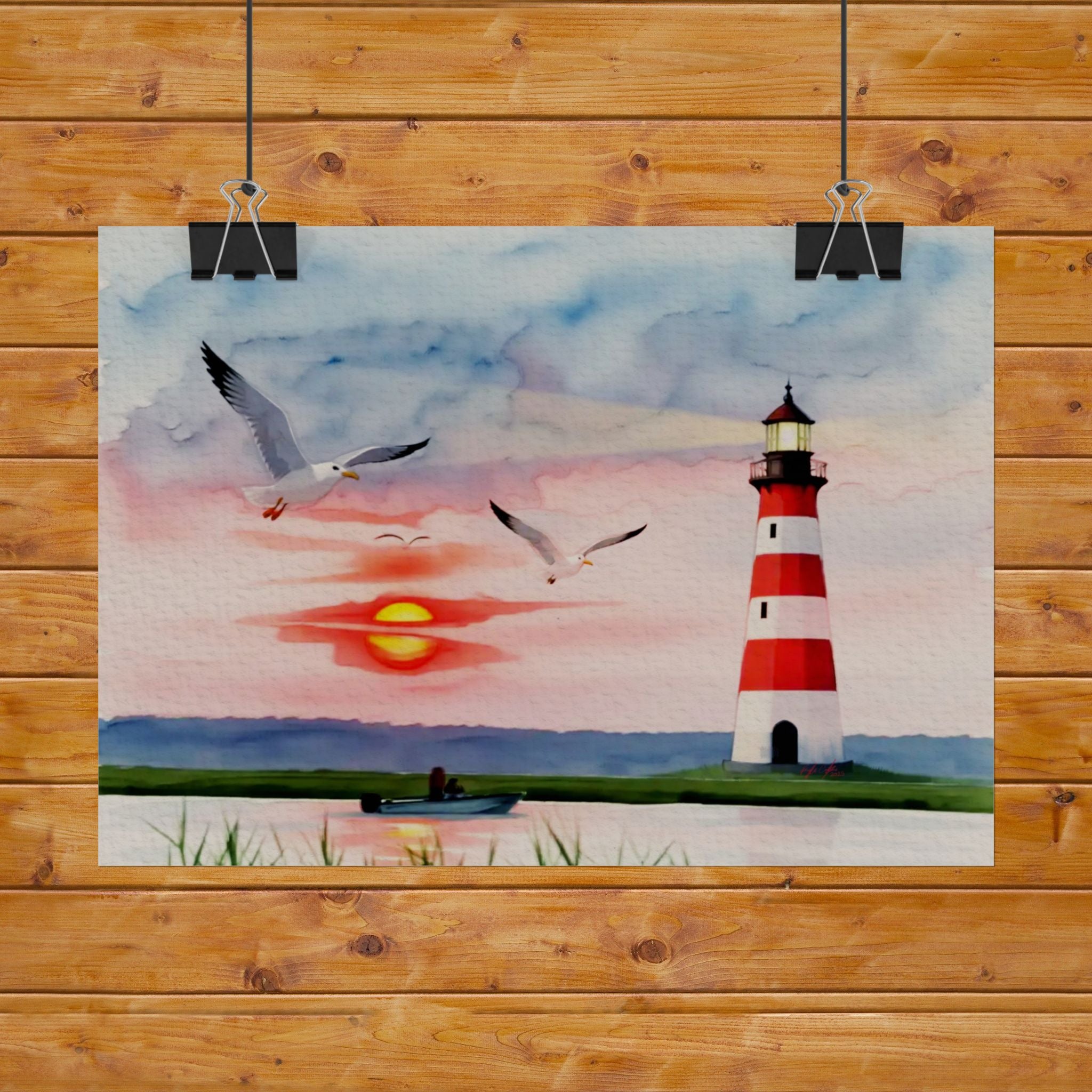 Lighthouse Sunrise Rolled Poster — Seaside Watercolor Print with Seagulls