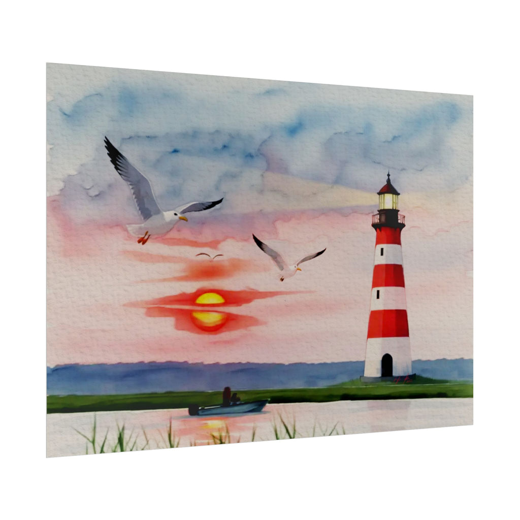 Lighthouse Sunrise Rolled Poster — Seaside Watercolor Print with Seagulls