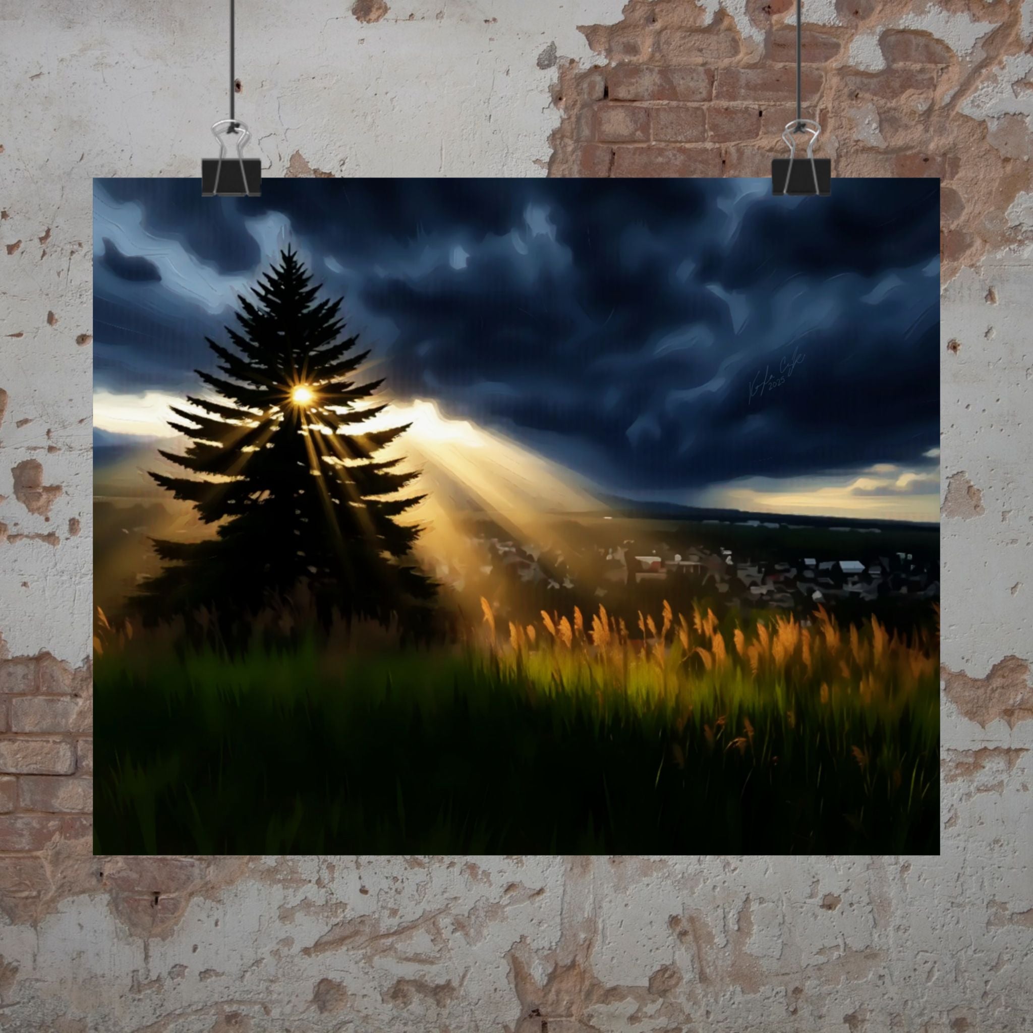 Light Through the Storm – Sunbeam Landscape Matte Poster • Moody Nature Wall Art (4 Sizes)