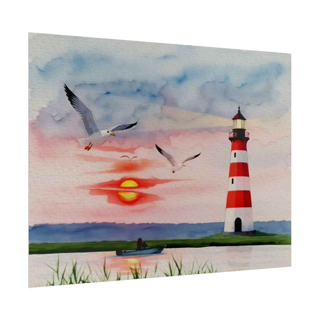 Lighthouse Sunrise Rolled Poster — Seaside Watercolor Print with Seagulls