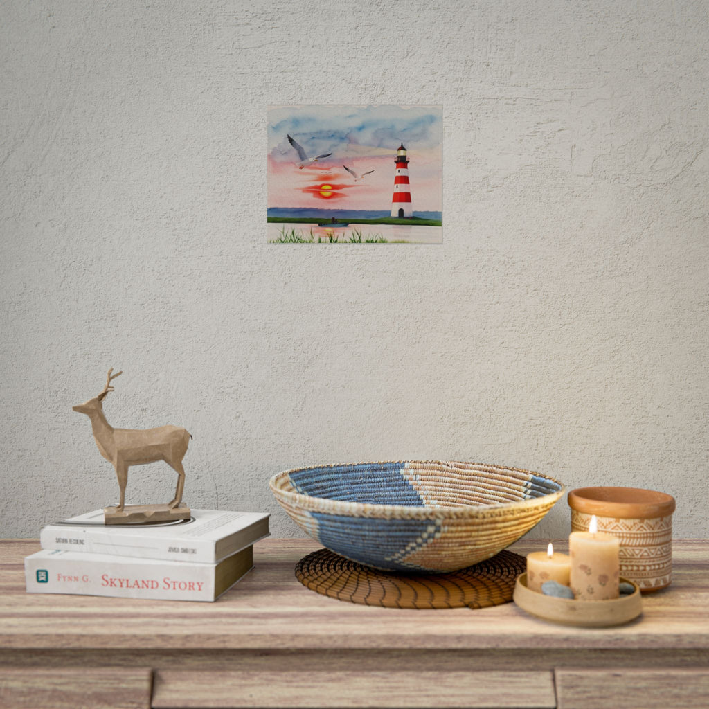 Lighthouse Sunrise Rolled Poster — Seaside Watercolor Print with Seagulls