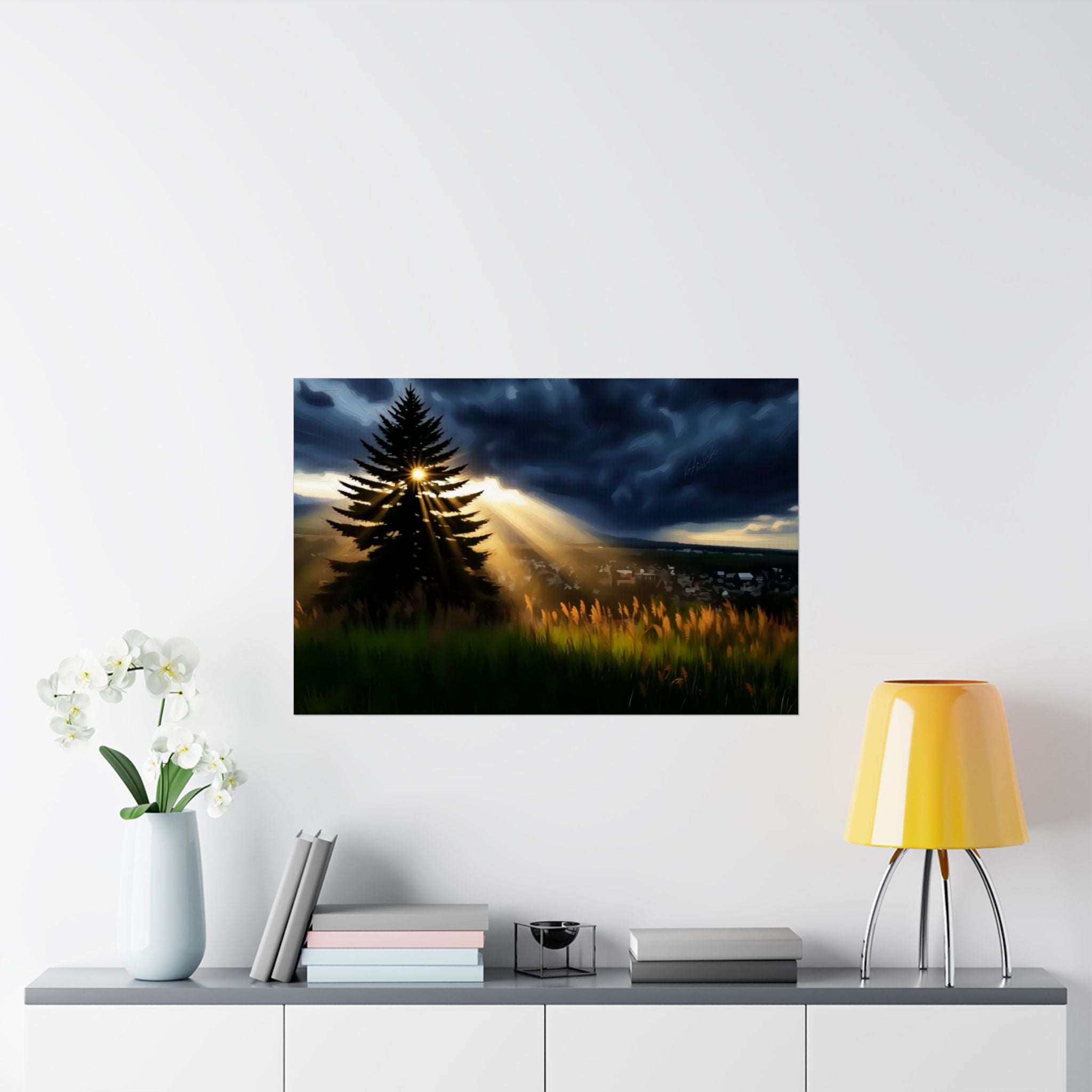 Light Through the Storm – Sunbeam Landscape Matte Poster • Moody Nature Wall Art (4 Sizes)