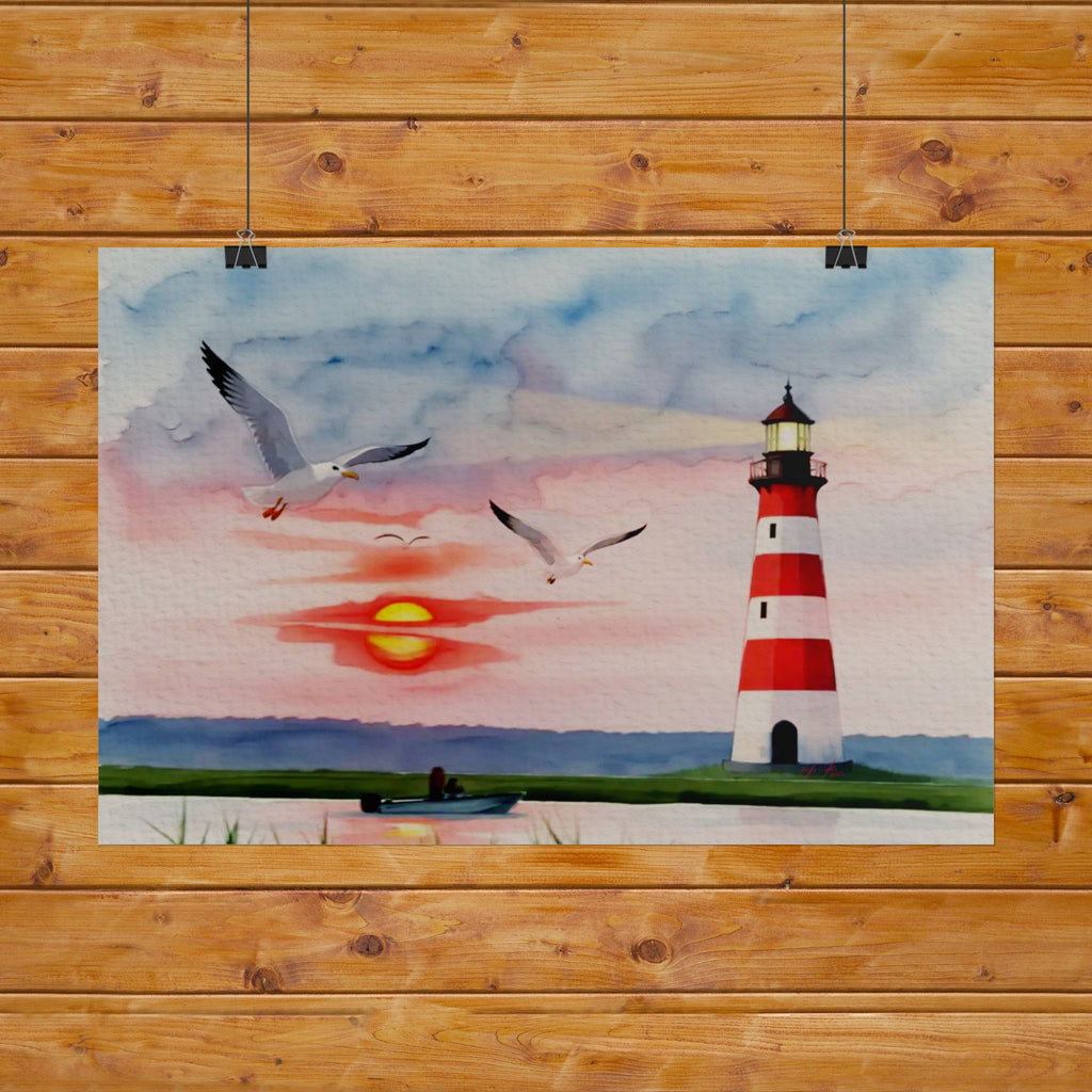 Lighthouse Sunrise Rolled Poster — Seaside Watercolor Print with Seagulls