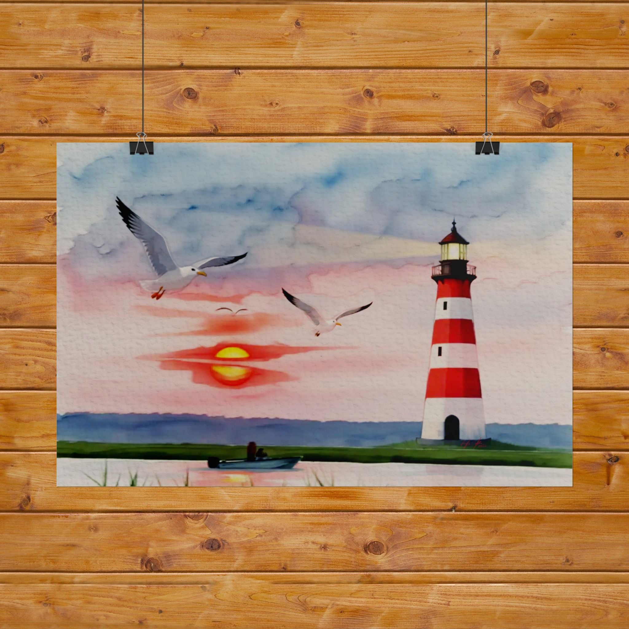 Lighthouse Sunrise Rolled Poster — Seaside Watercolor Print with Seagulls
