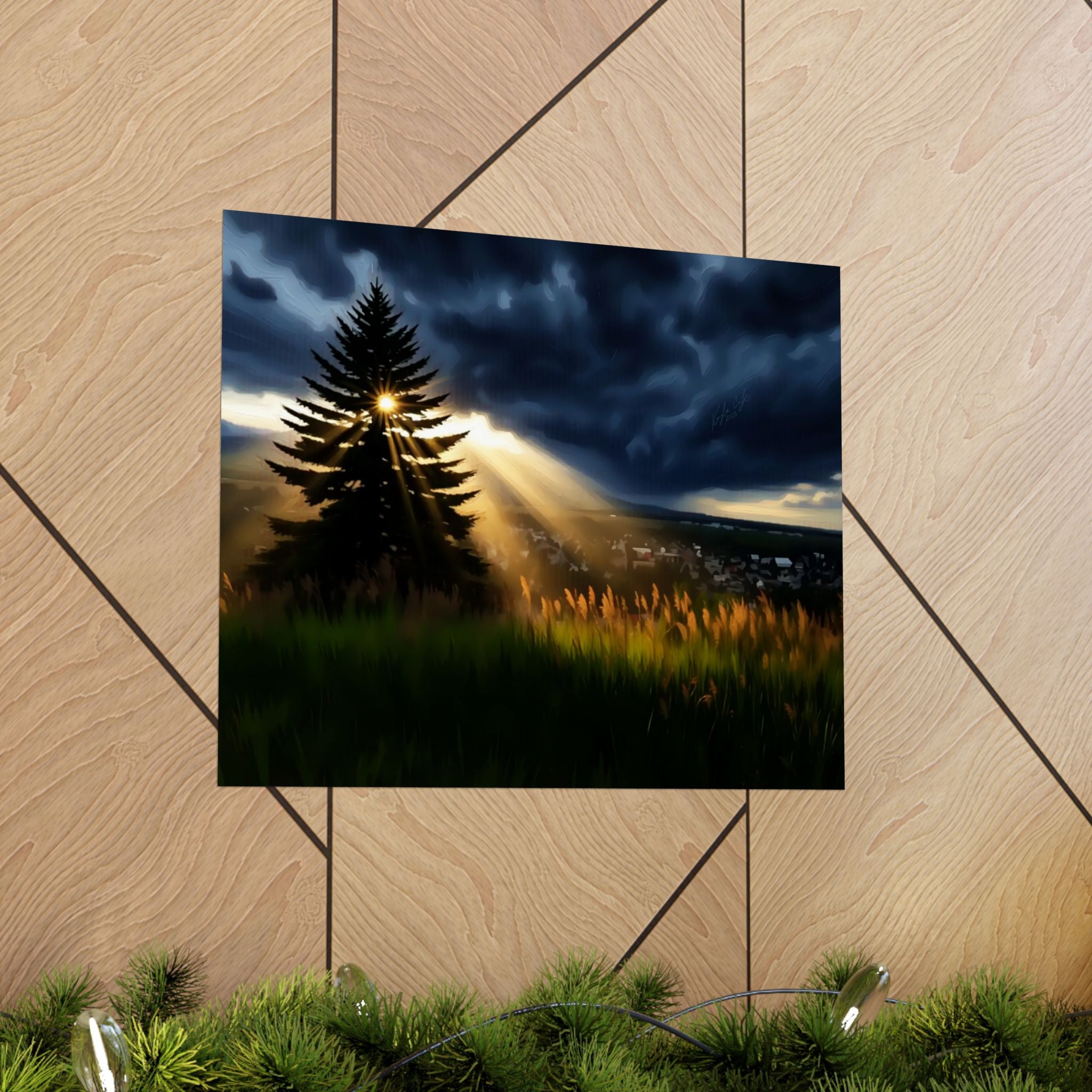 Light Through the Storm – Sunbeam Landscape Matte Poster • Moody Nature Wall Art (4 Sizes)