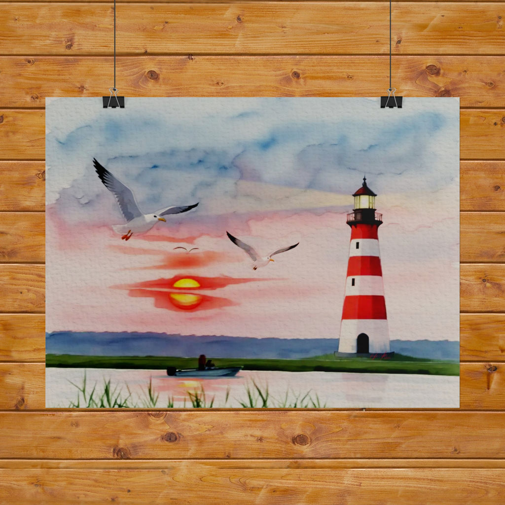 Lighthouse Sunrise Rolled Poster — Seaside Watercolor Print with Seagulls