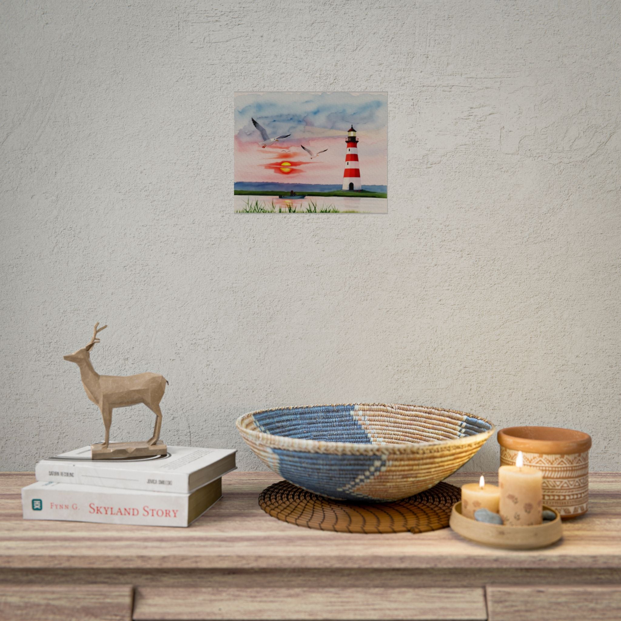 Lighthouse Sunrise Rolled Poster — Seaside Watercolor Print with Seagulls