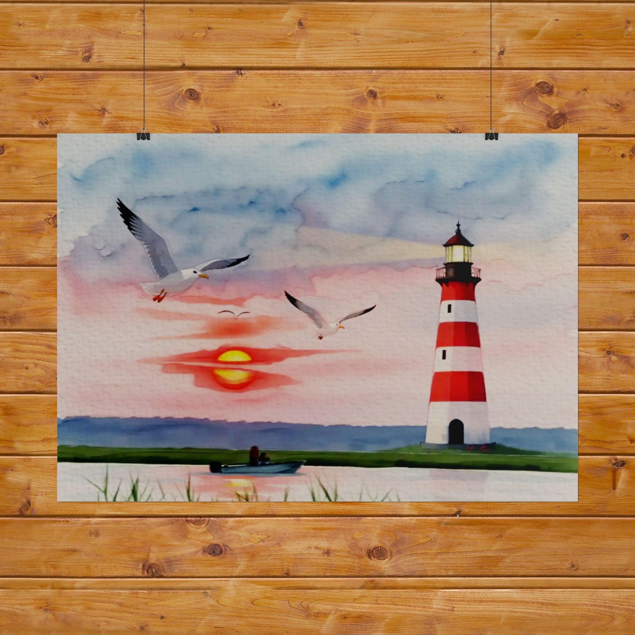 Lighthouse Sunrise Rolled Poster — Seaside Watercolor Print with Seagulls