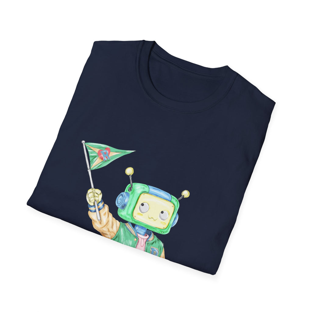 Dark Retro Robot Kids T‑Shirt — Cute Space Explorer Graphic Tee