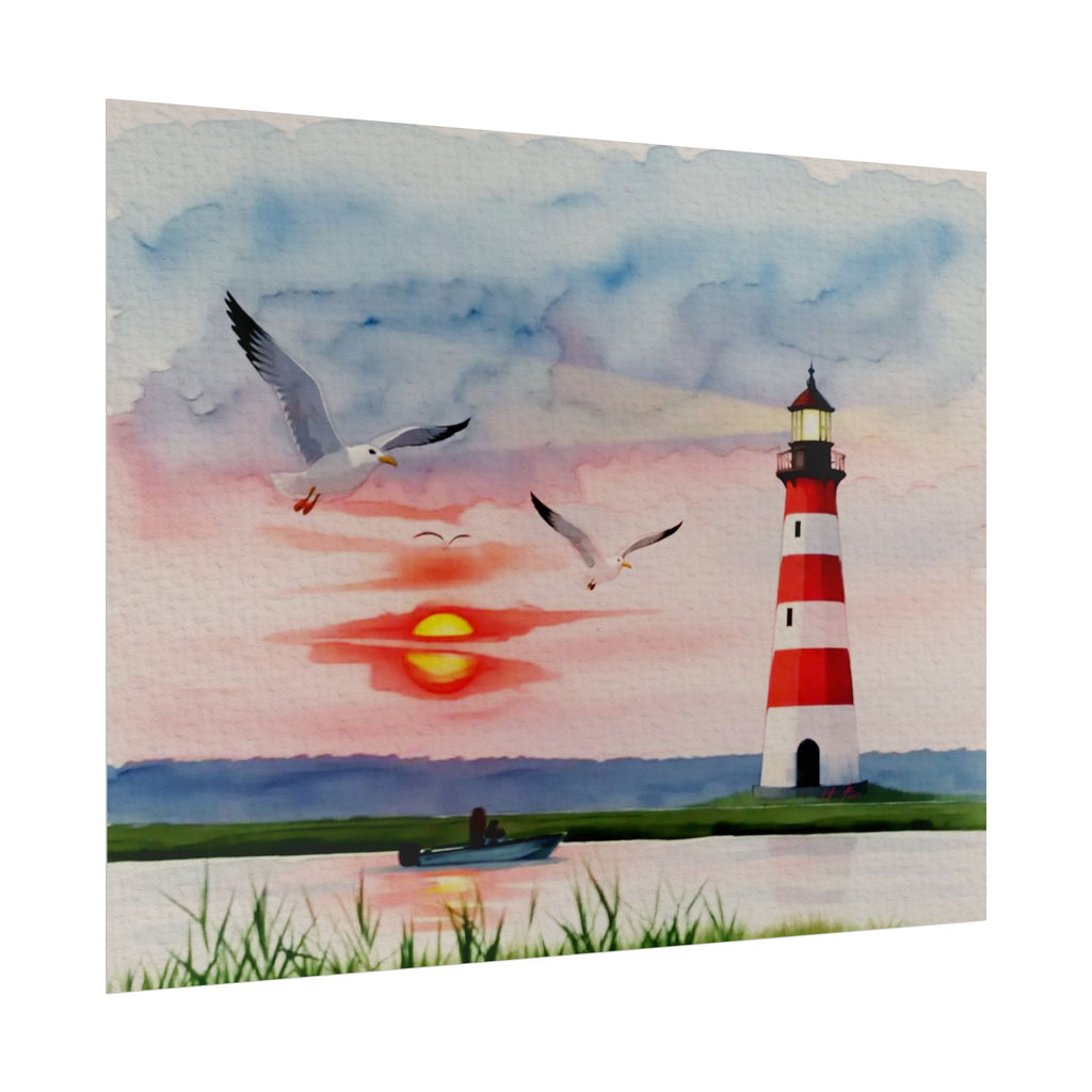 Lighthouse Sunrise Rolled Poster — Seaside Watercolor Print with Seagulls