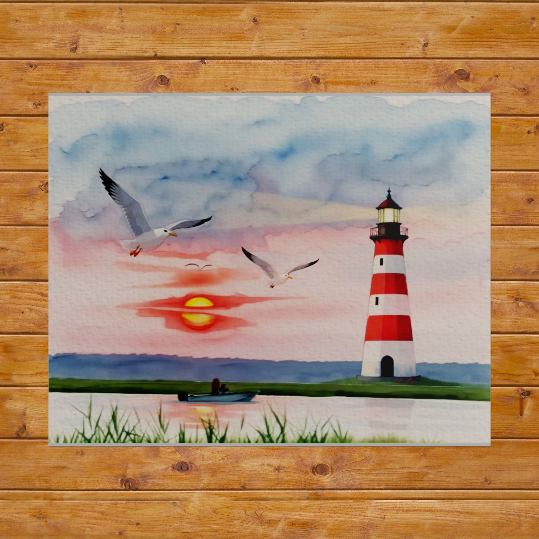 Lighthouse Sunrise Rolled Poster — Seaside Watercolor Print with Seagulls