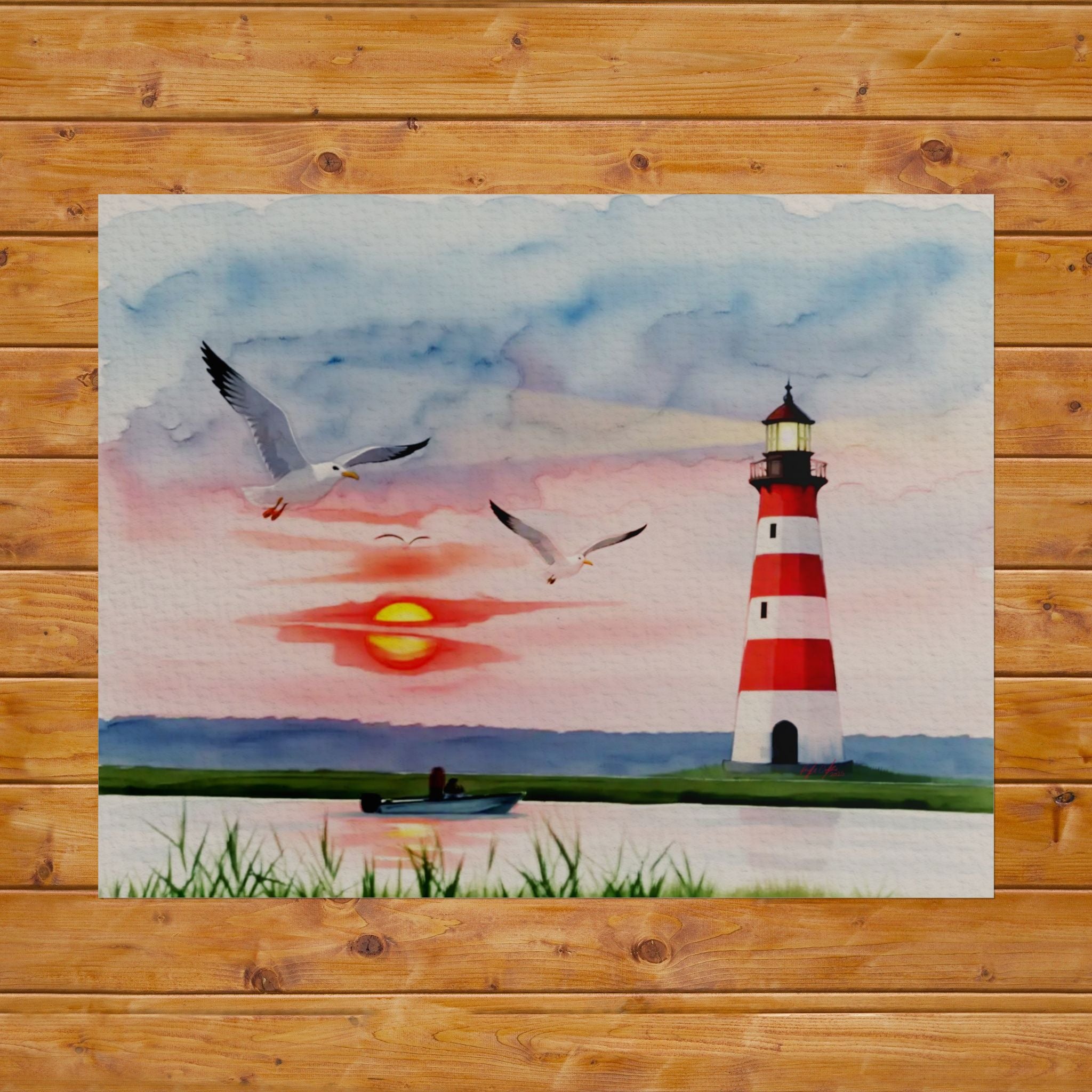 Lighthouse Sunrise Rolled Poster — Seaside Watercolor Print with Seagulls