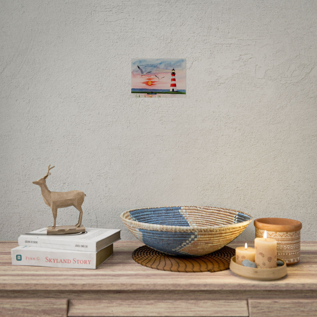 Lighthouse Sunrise Rolled Poster — Seaside Watercolor Print with Seagulls