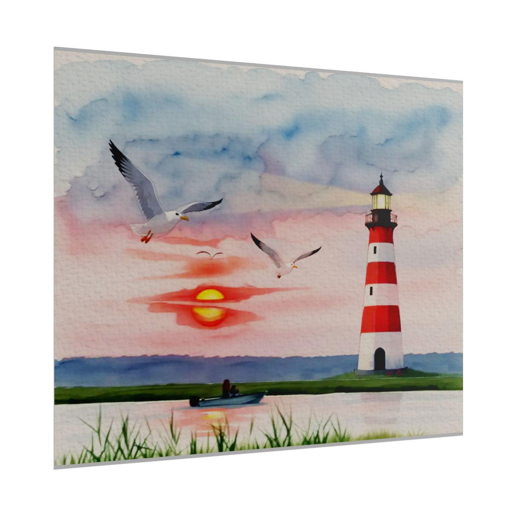 Lighthouse Sunrise Rolled Poster — Seaside Watercolor Print with Seagulls