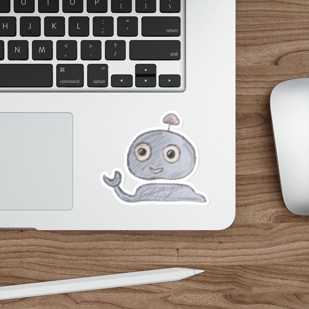 Cute Waving Robot Sticker • Hand‑Drawn Robot Vinyl Decal • Laptop & Water Bottle Sticker