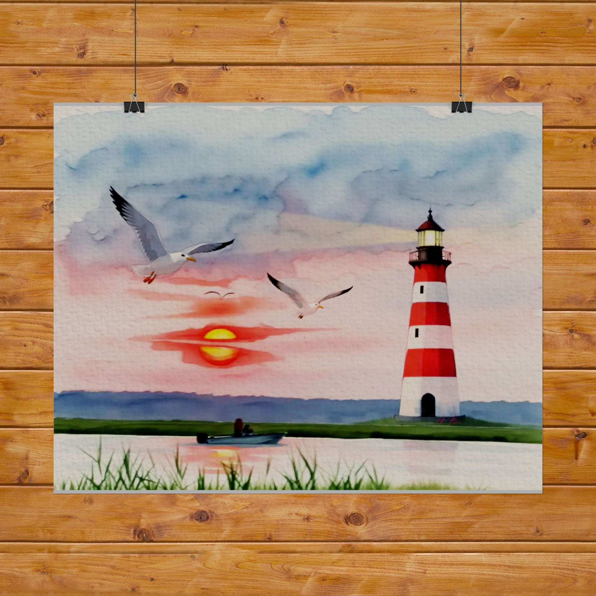 Lighthouse Sunrise Rolled Poster — Seaside Watercolor Print with Seagulls