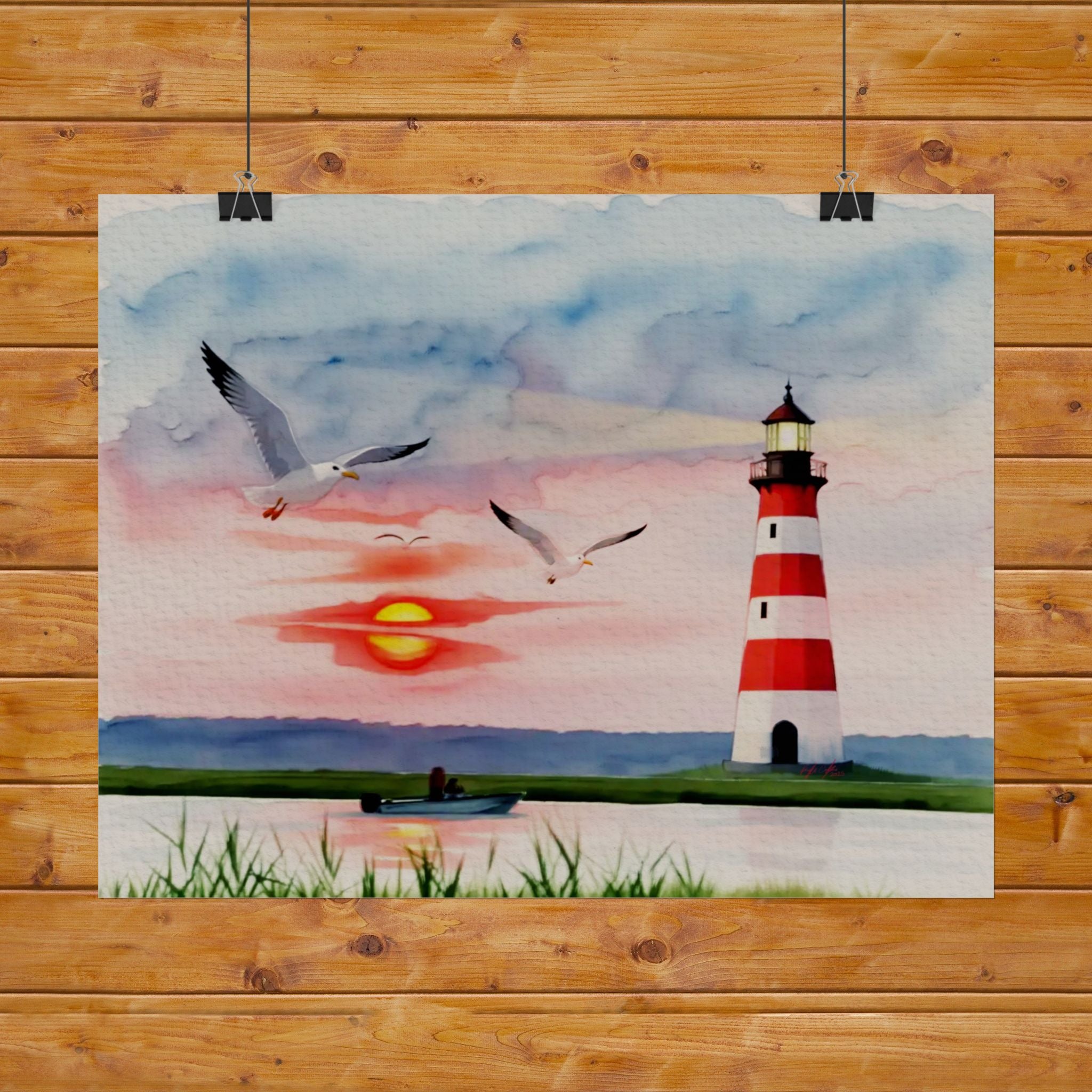 Lighthouse Sunrise Rolled Poster — Seaside Watercolor Print with Seagulls