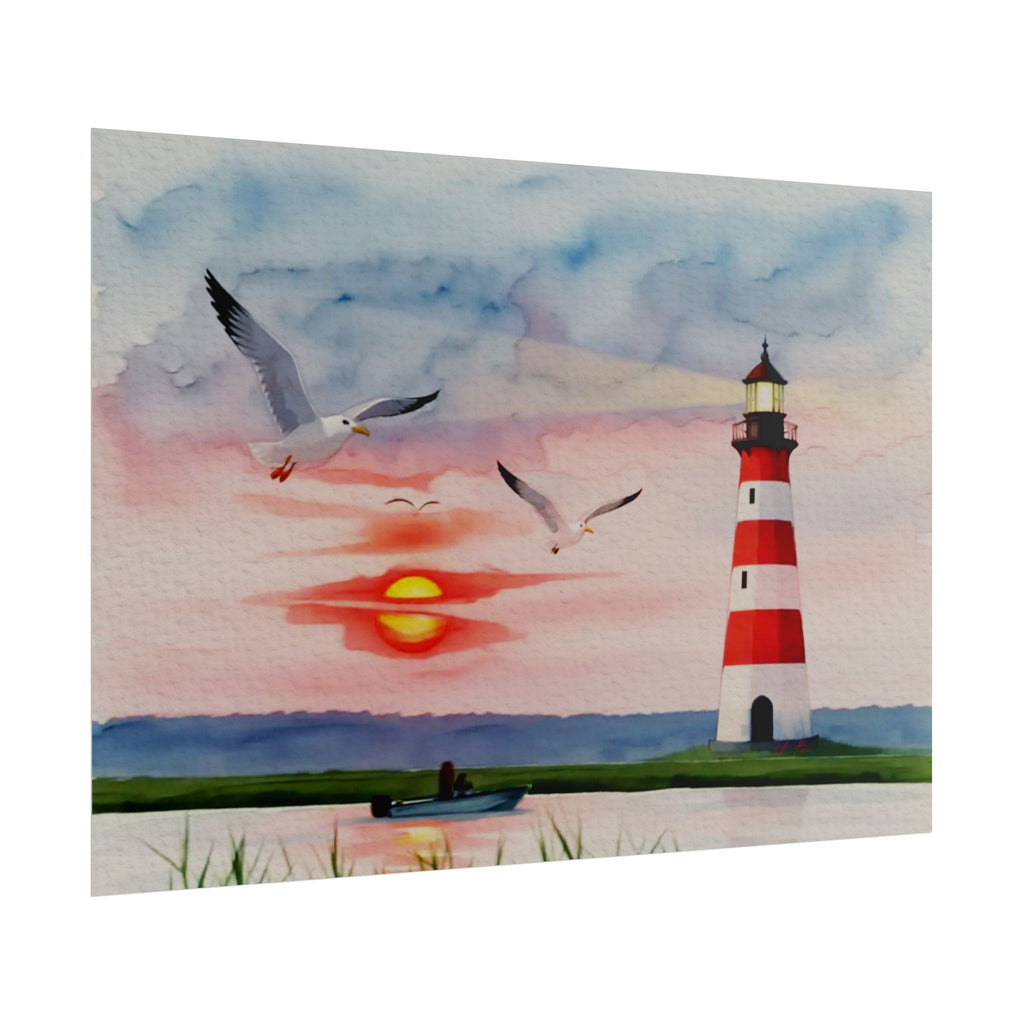 Lighthouse Sunrise Rolled Poster — Seaside Watercolor Print with Seagulls