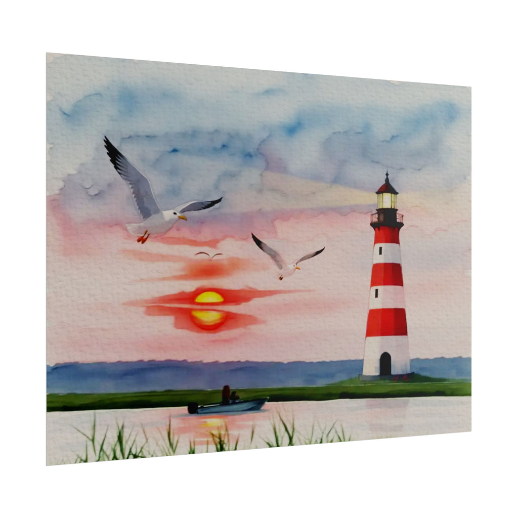 Lighthouse Sunrise Rolled Poster — Seaside Watercolor Print with Seagulls
