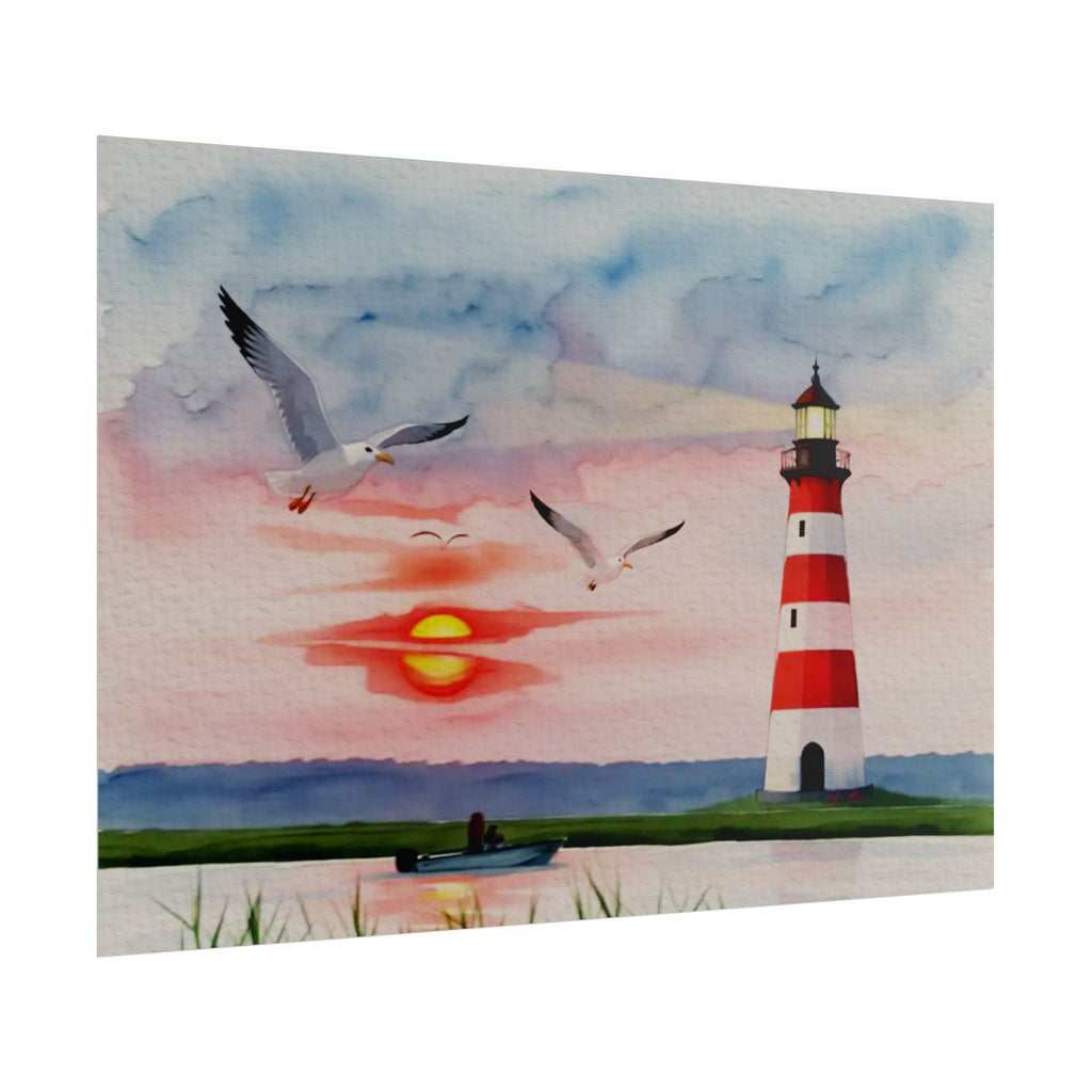 Lighthouse Sunrise Rolled Poster — Seaside Watercolor Print with Seagulls