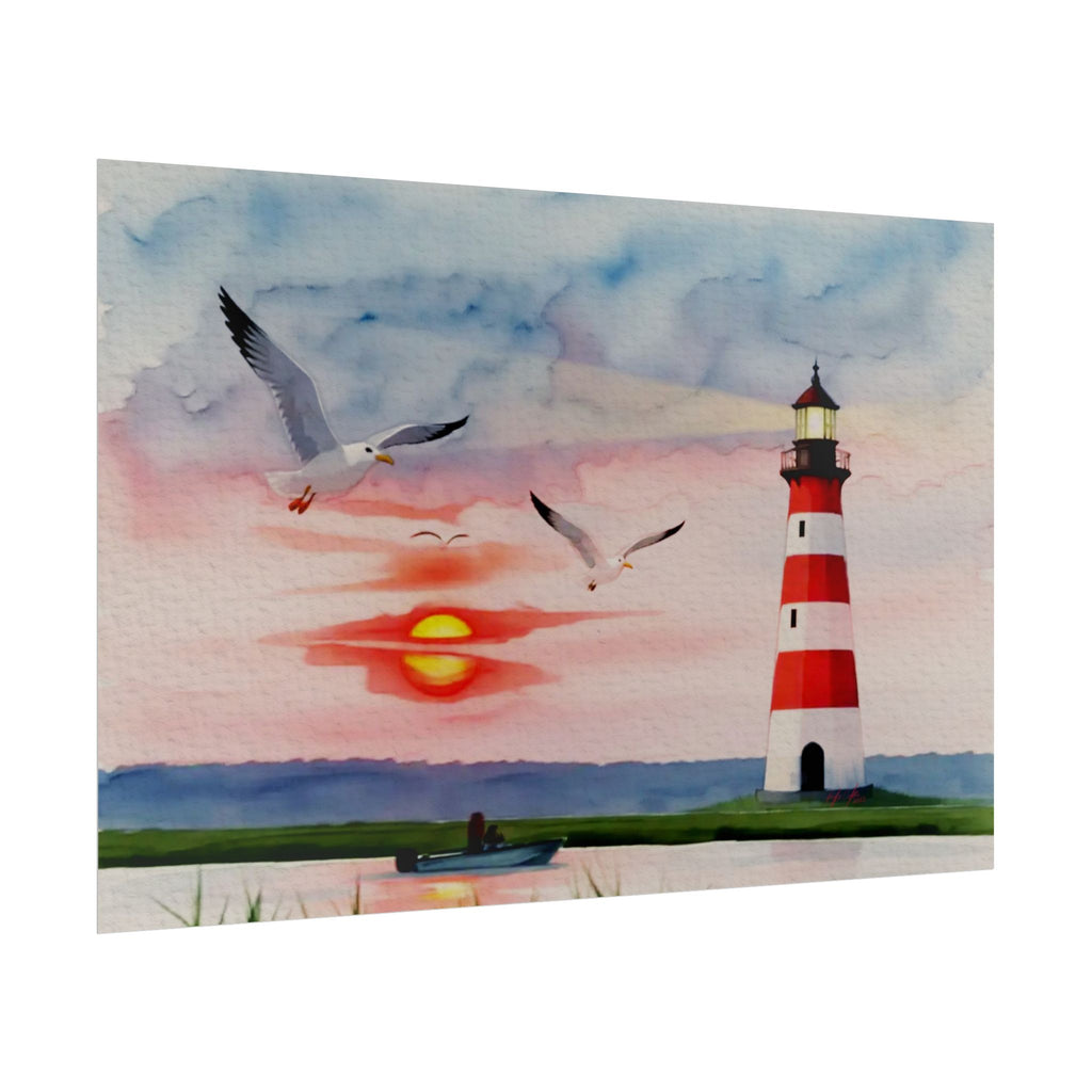 Lighthouse Sunrise Rolled Poster — Seaside Watercolor Print with Seagulls