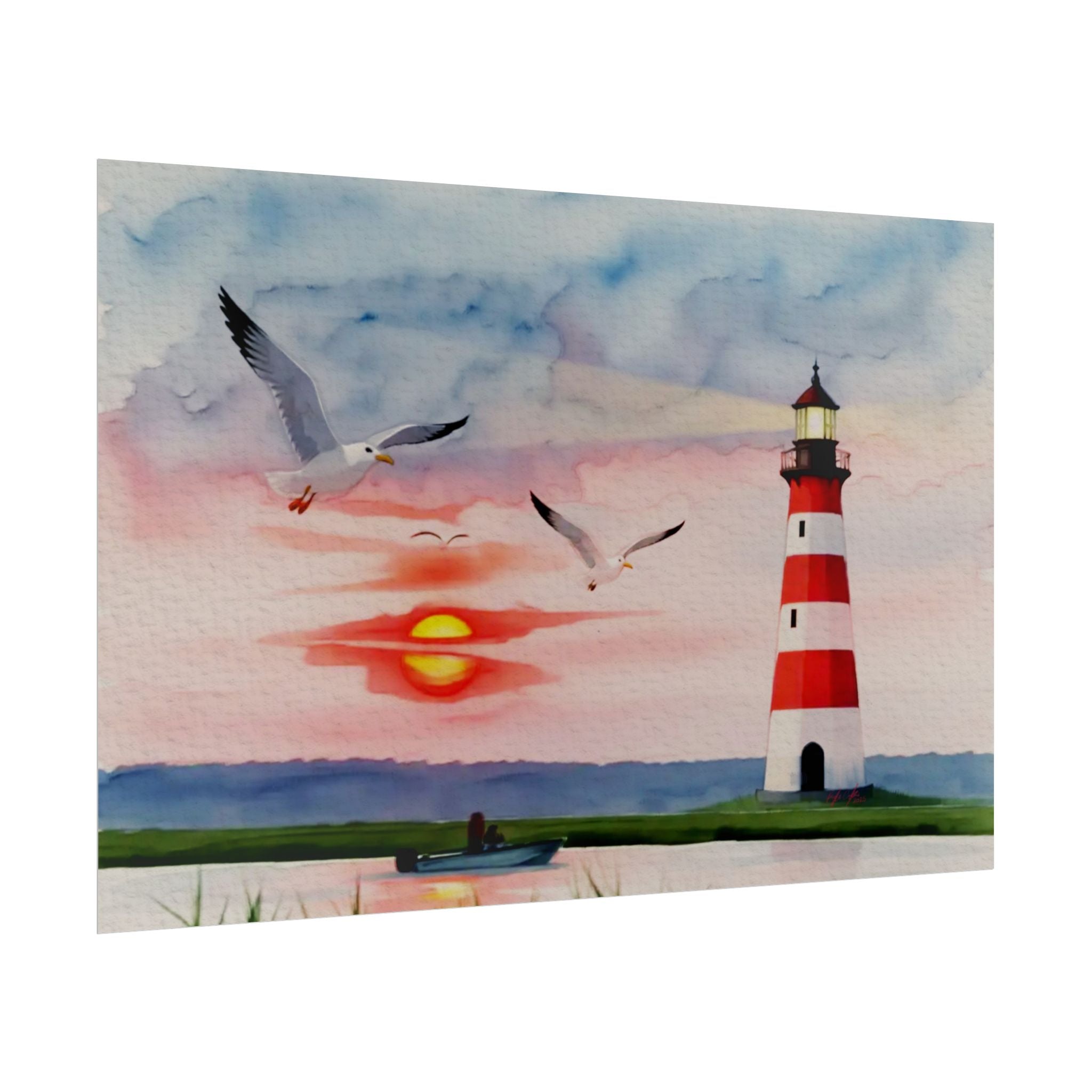 Lighthouse Sunrise Rolled Poster — Seaside Watercolor Print with Seagulls