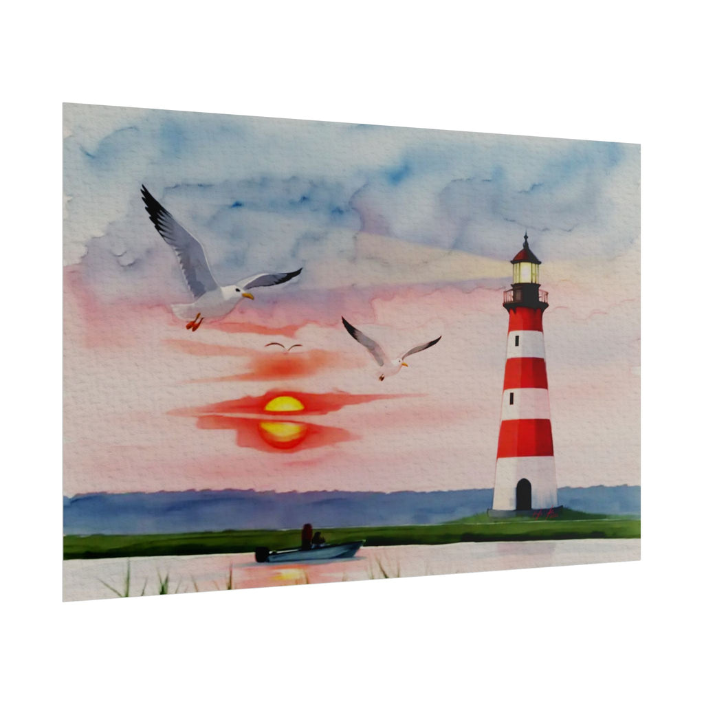 Lighthouse Sunrise Rolled Poster — Seaside Watercolor Print with Seagulls