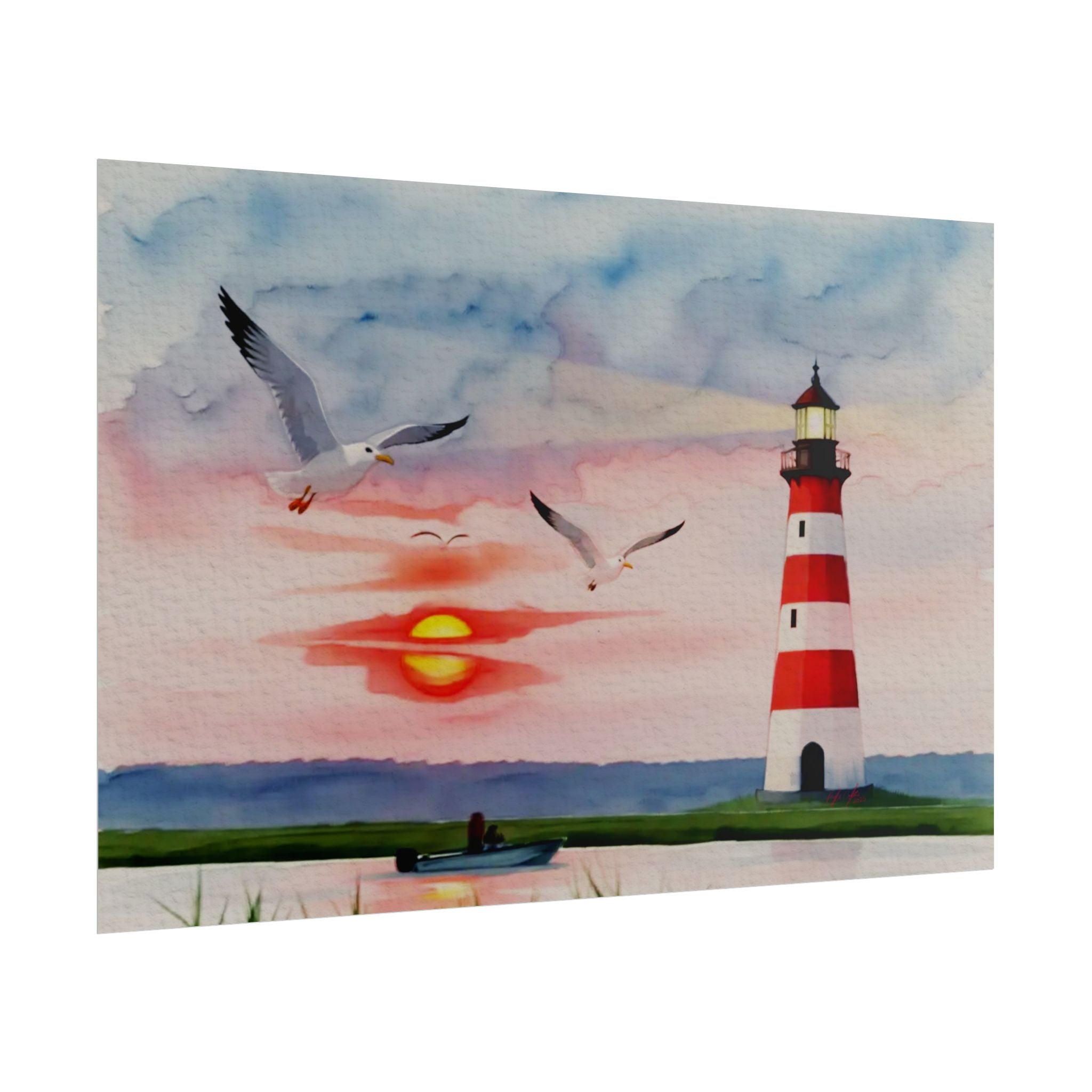 Lighthouse Sunrise Rolled Poster — Seaside Watercolor Print with Seagulls