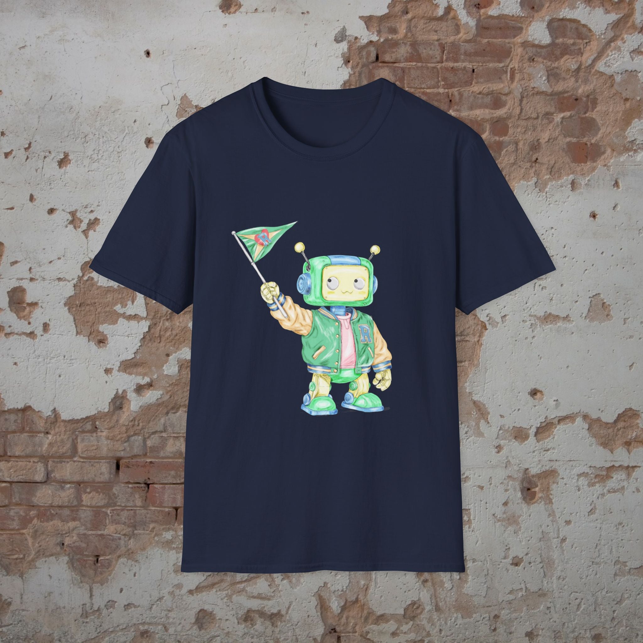 Dark Retro Robot Kids T‑Shirt — Cute Space Explorer Graphic Tee