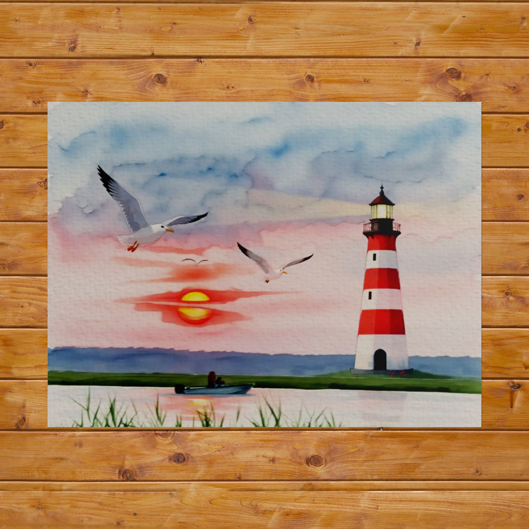 Lighthouse Sunrise Rolled Poster — Seaside Watercolor Print with Seagulls