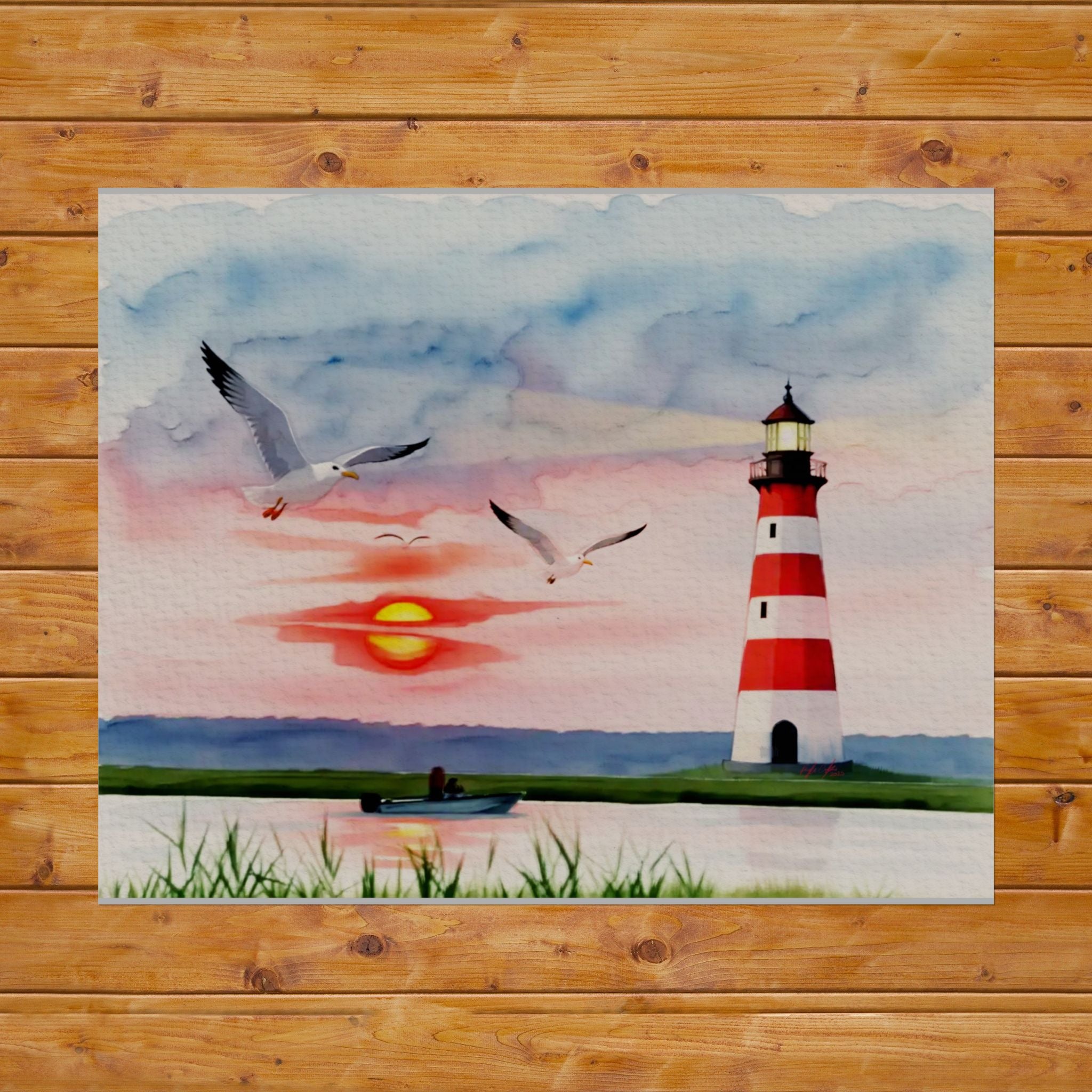 Lighthouse Sunrise Rolled Poster — Seaside Watercolor Print with Seagulls