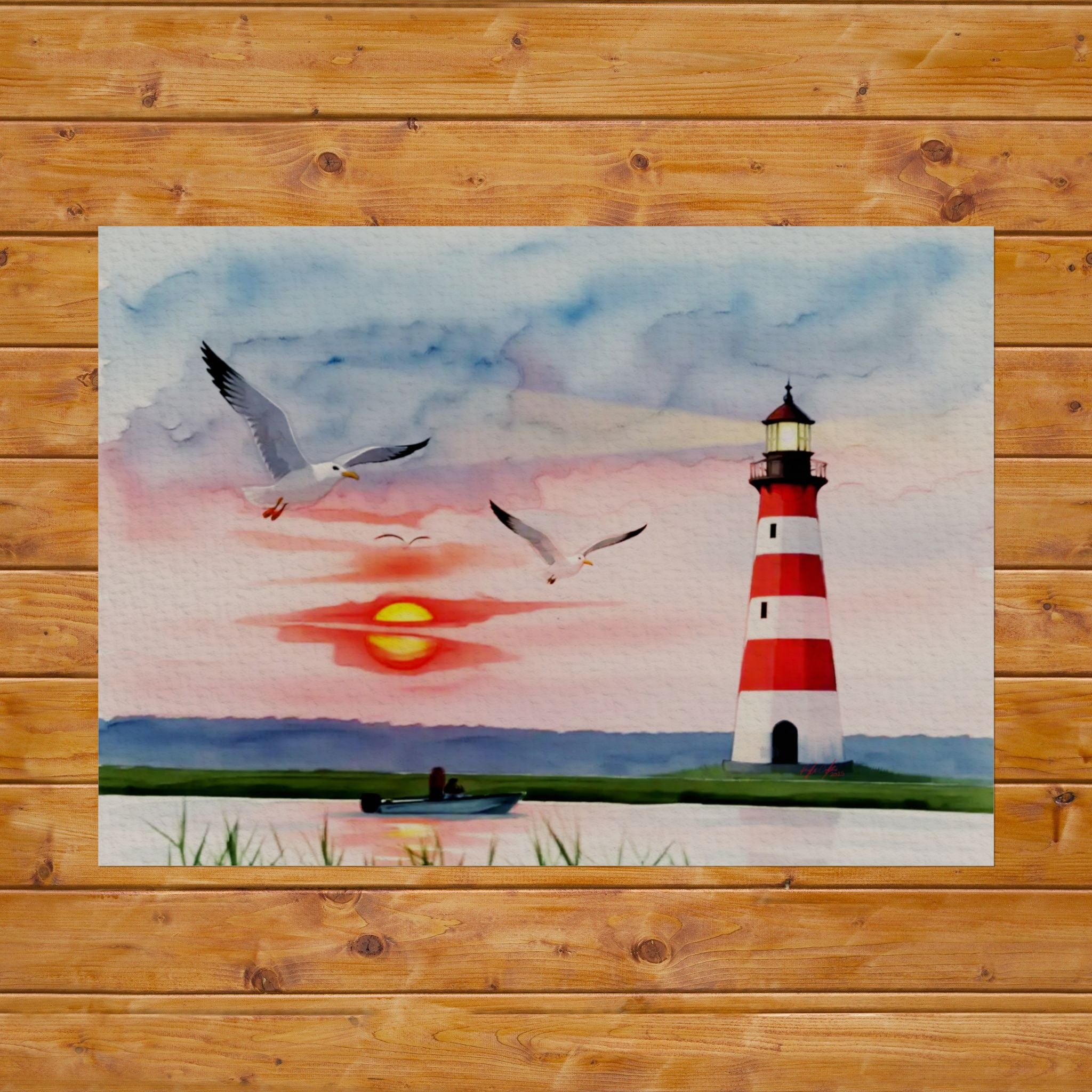 Lighthouse Sunrise Rolled Poster — Seaside Watercolor Print with Seagulls