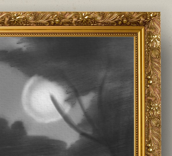 Moonlit Lake Art Print – Peaceful Night Landscape Wall Decor – Calming Grayscale Nature Illustration