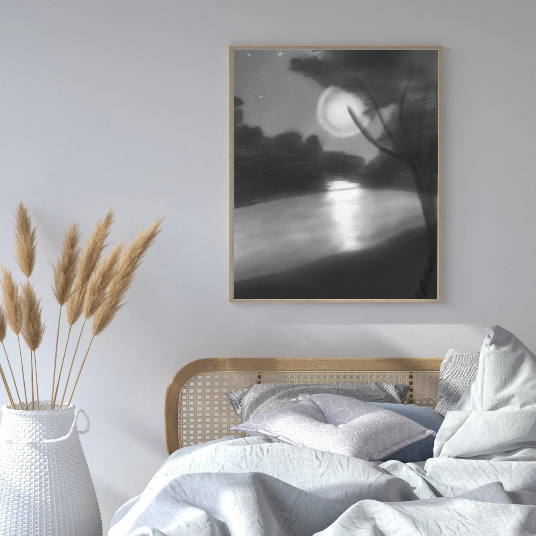 Moonlit Lake Art Print – Peaceful Night Landscape Wall Decor – Calming Grayscale Nature Illustration