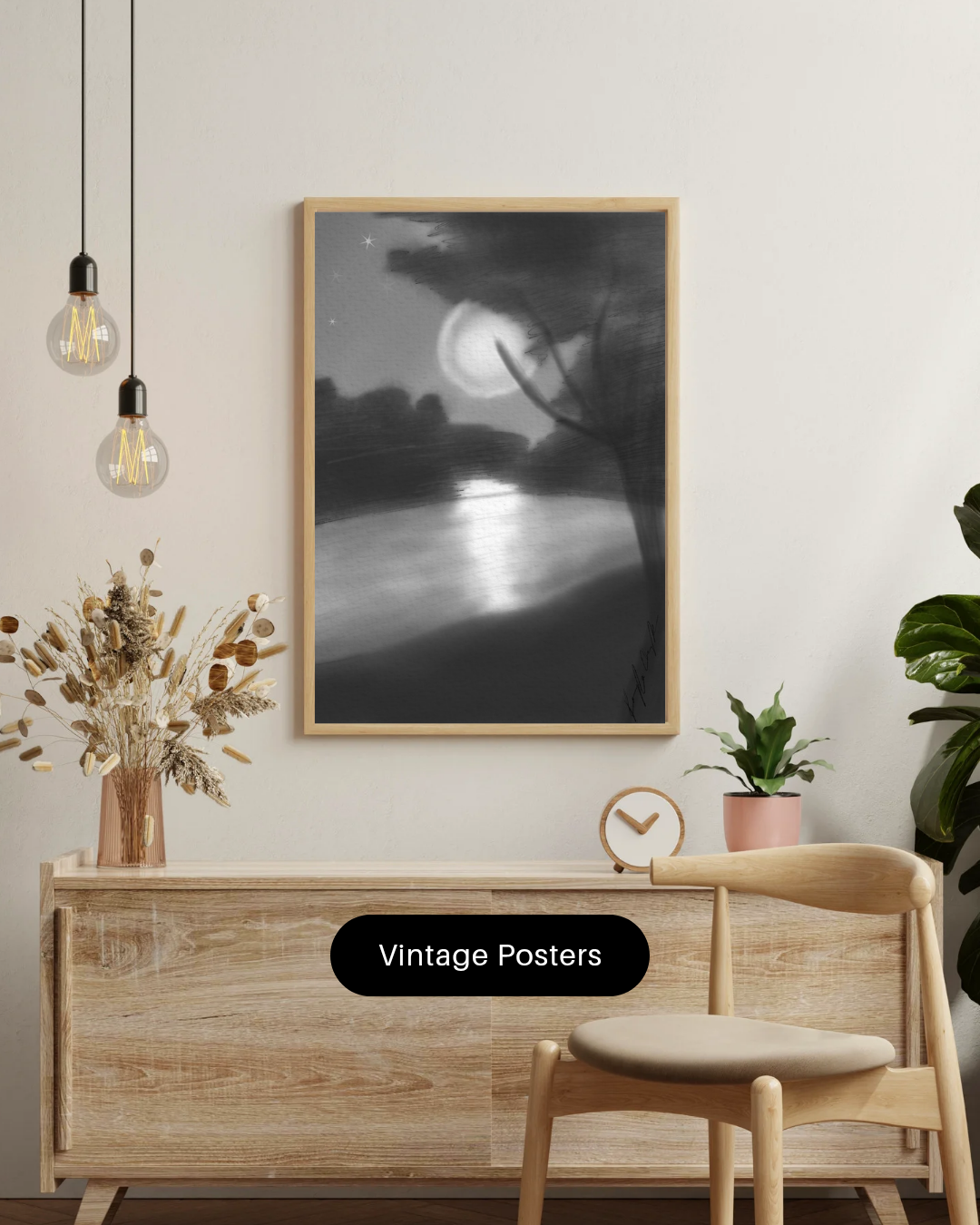 Moonlit Lake Art Print – Peaceful Night Landscape Wall Decor – Calming Grayscale Nature Illustration