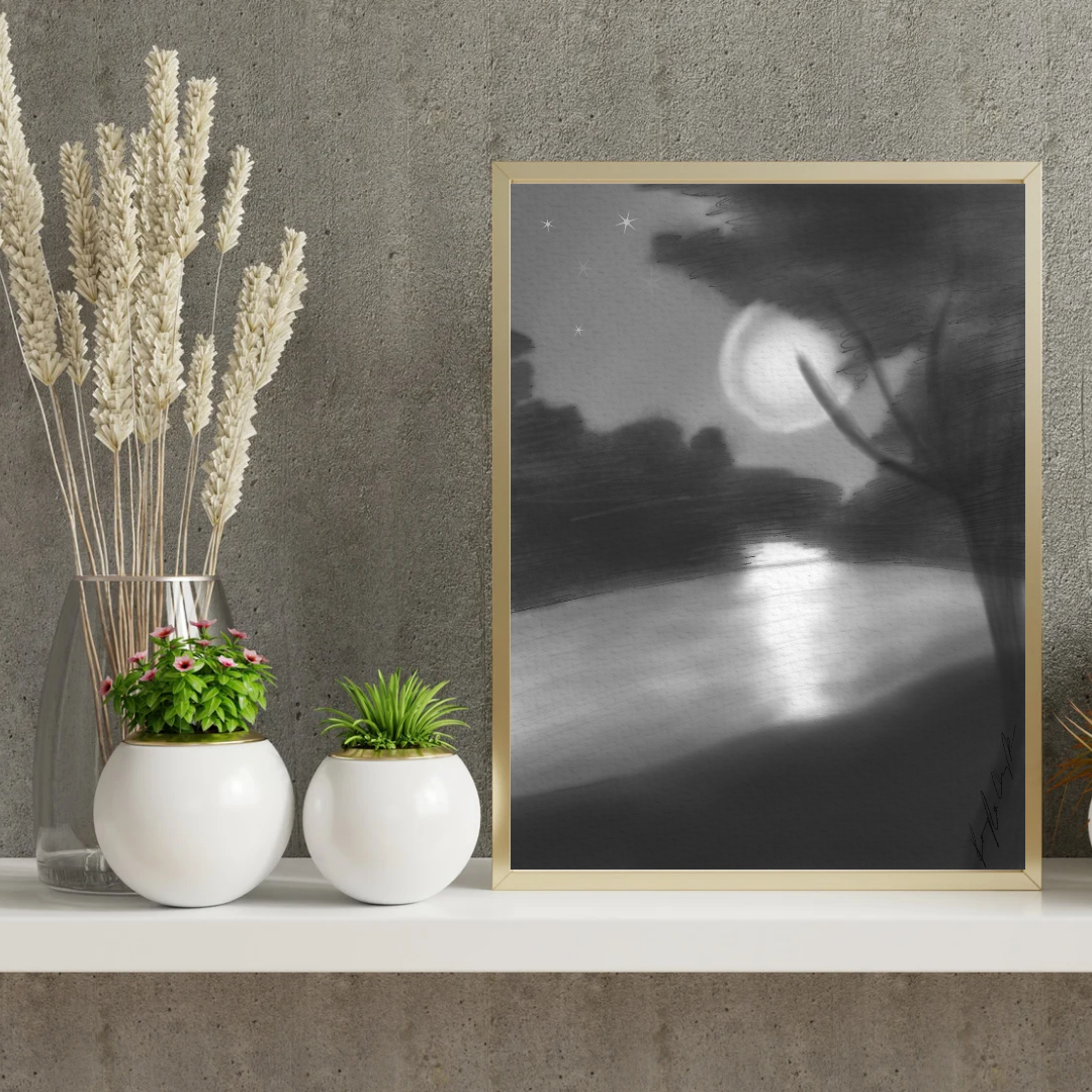 Moonlit Lake Art Print – Peaceful Night Landscape Wall Decor – Calming Grayscale Nature Illustration