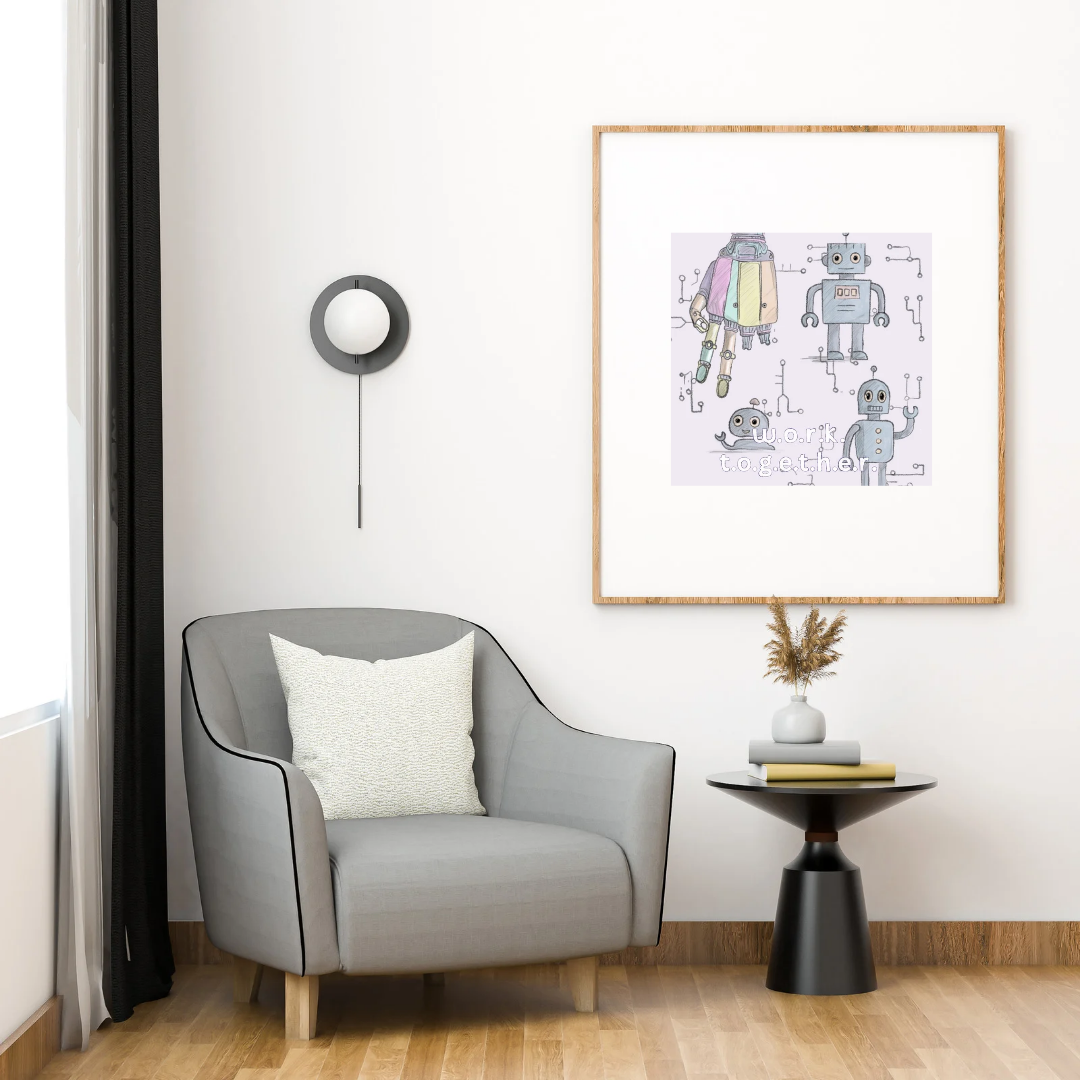 Robot Teamwork Art Print – Whimsical Robot Illustration – “Work Together” Wall Decor for Office or Kids’ Room