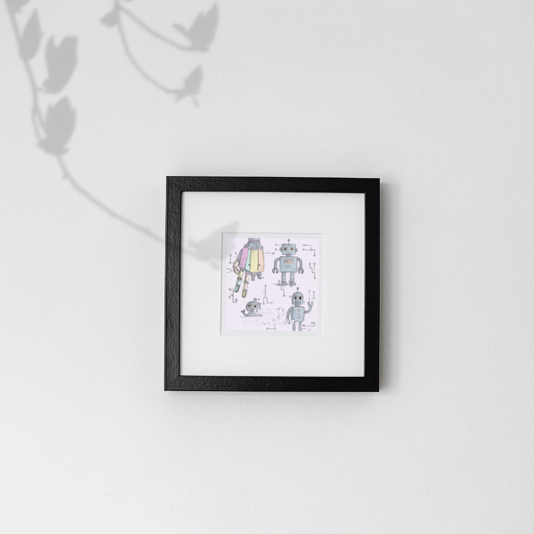 Robot Teamwork Art Print – Whimsical Robot Illustration – “Work Together” Wall Decor for Office or Kids’ Room
