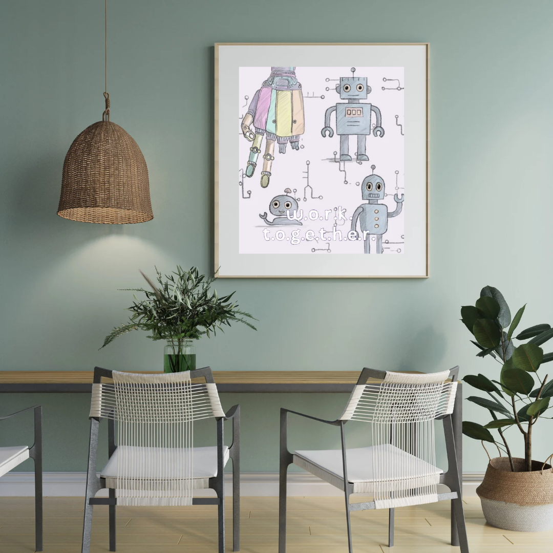 Robot Teamwork Art Print – Whimsical Robot Illustration – “Work Together” Wall Decor for Office or Kids’ Room