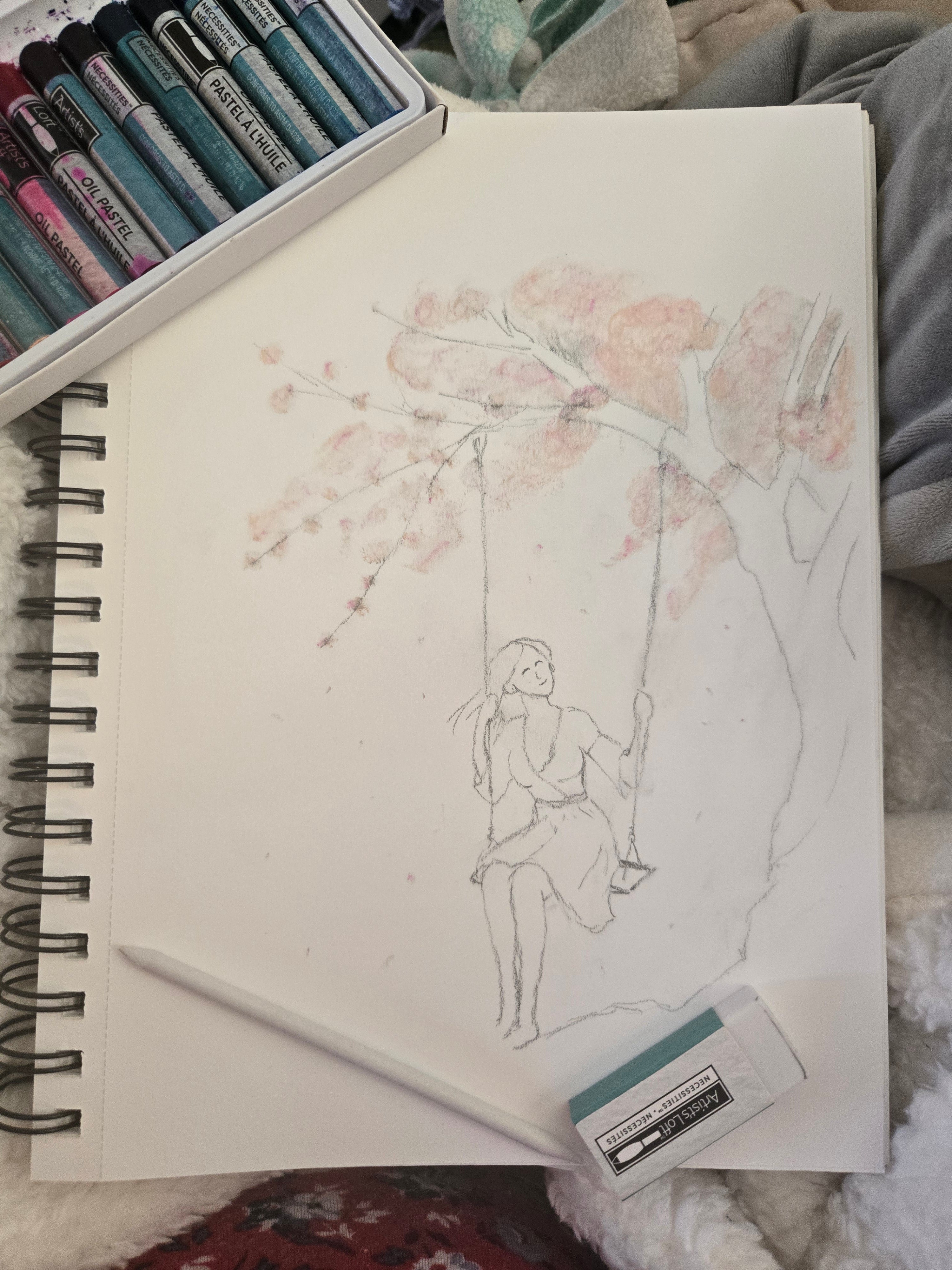 Spring Blossom Swing Art Print – Cozy Pastel Pencil Illustration – Whimsical Nature Wall Art – Nursery Decor – Storybook Style Drawing