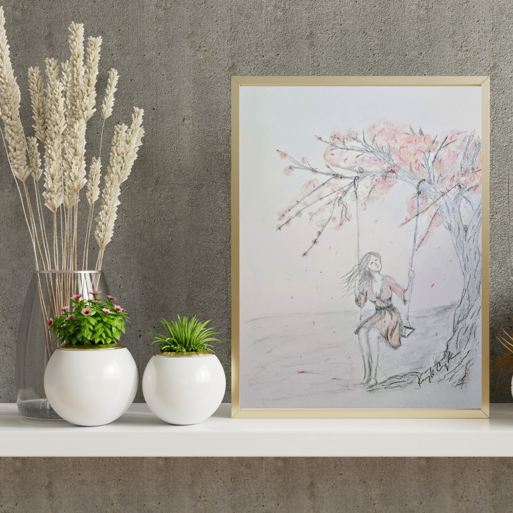 Spring Blossom Swing Art Print – Cozy Pastel Pencil Illustration – Whimsical Nature Wall Art – Nursery Decor – Storybook Style Drawing