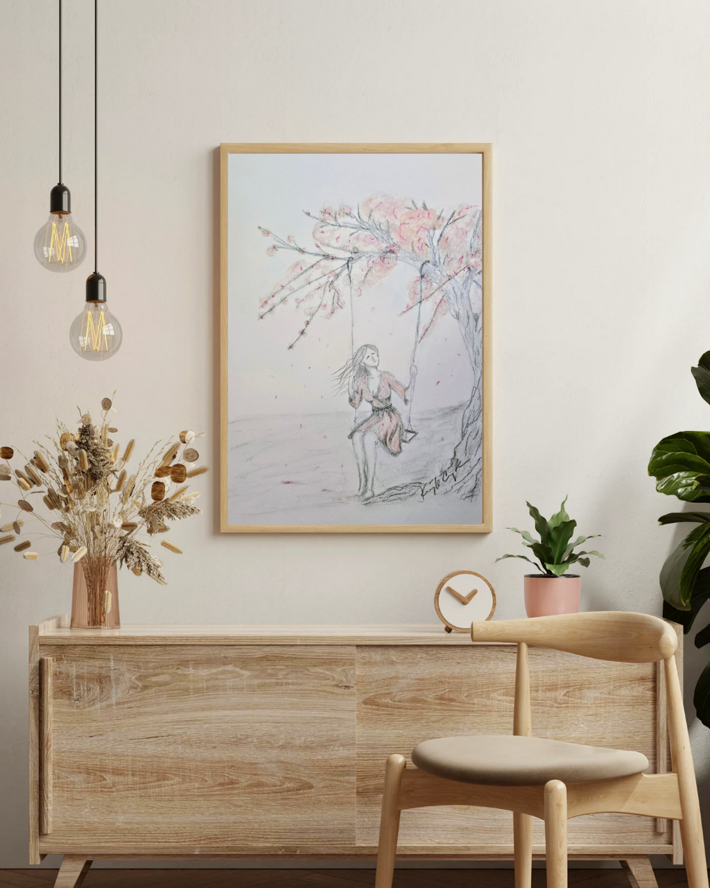 Spring Blossom Swing Art Print – Cozy Pastel Pencil Illustration – Whimsical Nature Wall Art – Nursery Decor – Storybook Style Drawing