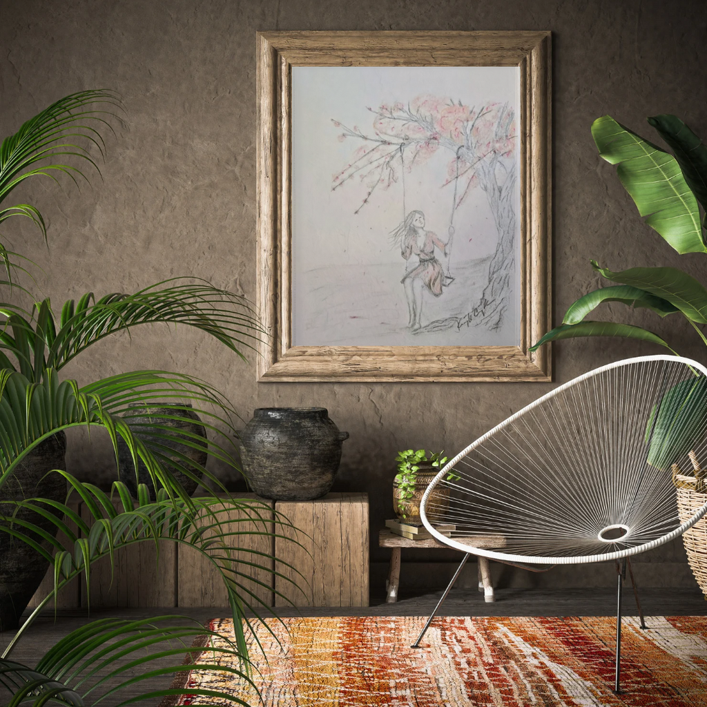 Spring Blossom Swing Art Print – Cozy Pastel Pencil Illustration – Whimsical Nature Wall Art – Nursery Decor – Storybook Style Drawing